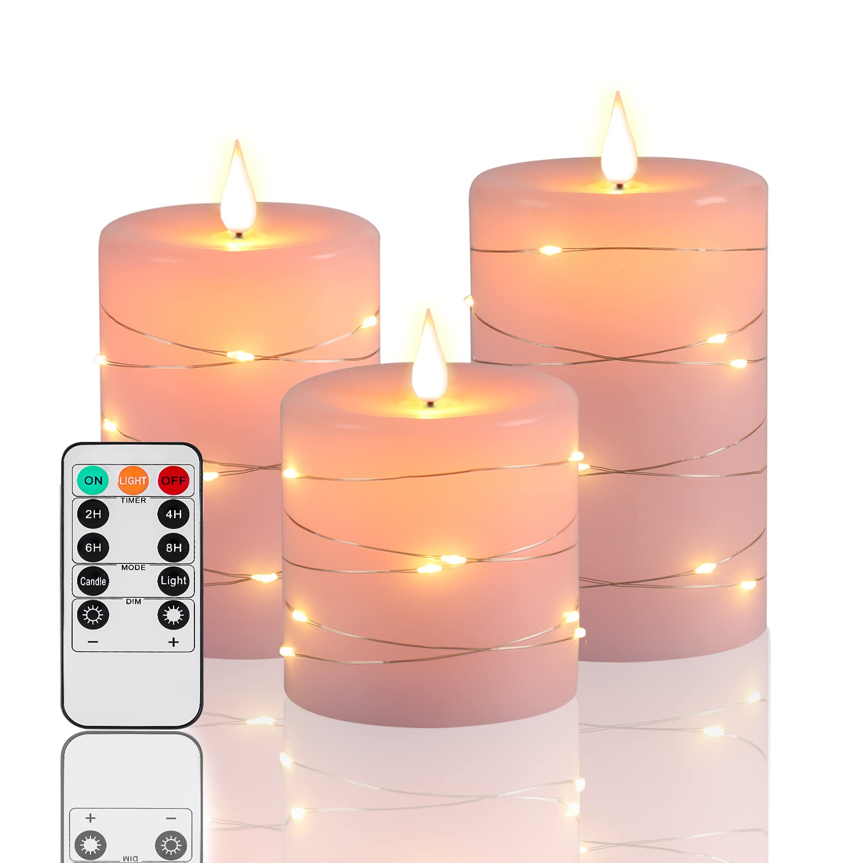 Pink Flameless LED Candles with Remote Control - Battery Operated Flickering Pillar Candles Set of 3 (4