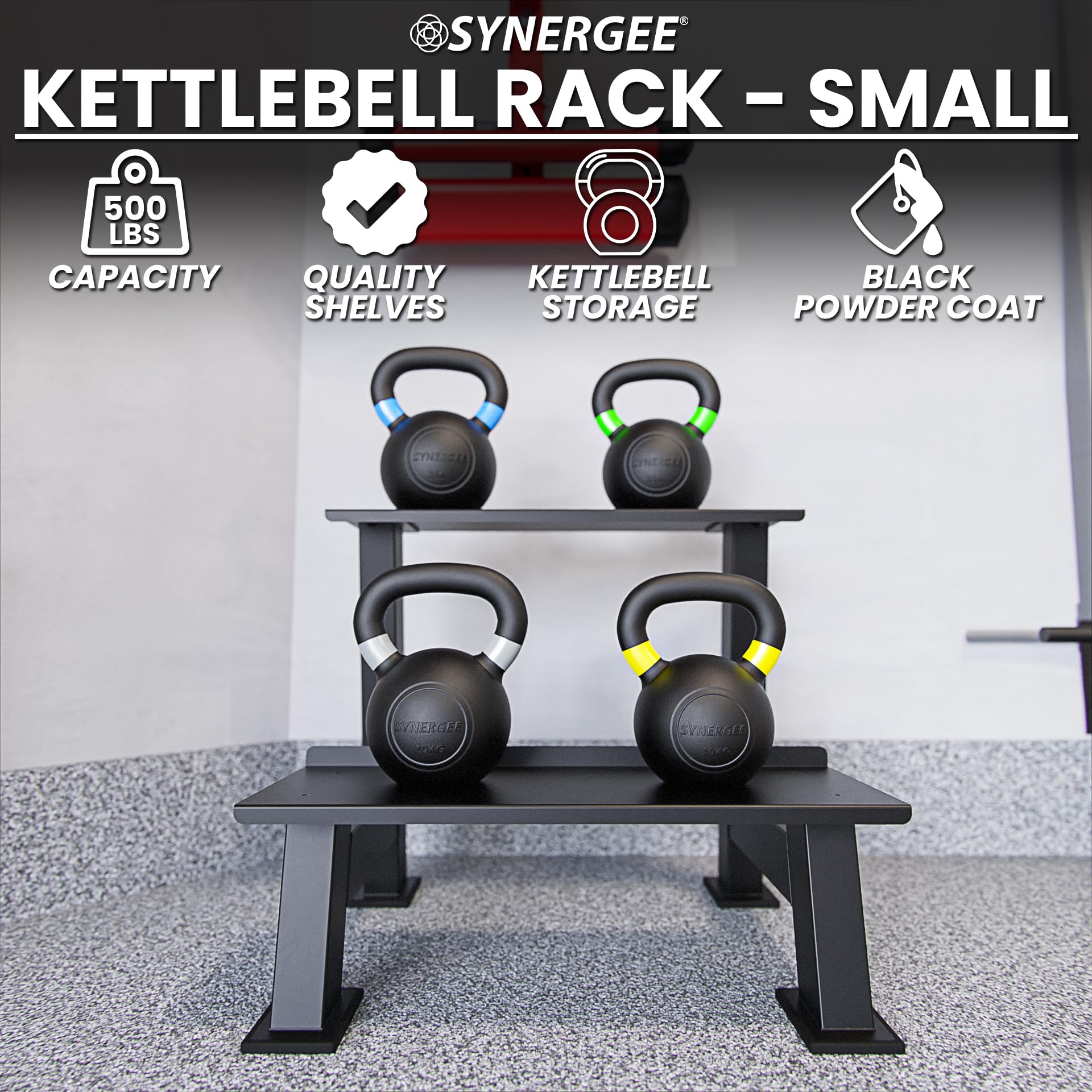 Synergee Kettlebell Storage Rack - 2-Tier Heavy Duty Gym Equipment Organizer for Dumbbells & Kettlebells | Perfect for Home Gym, CrossFit & Commercial Fitness Centers