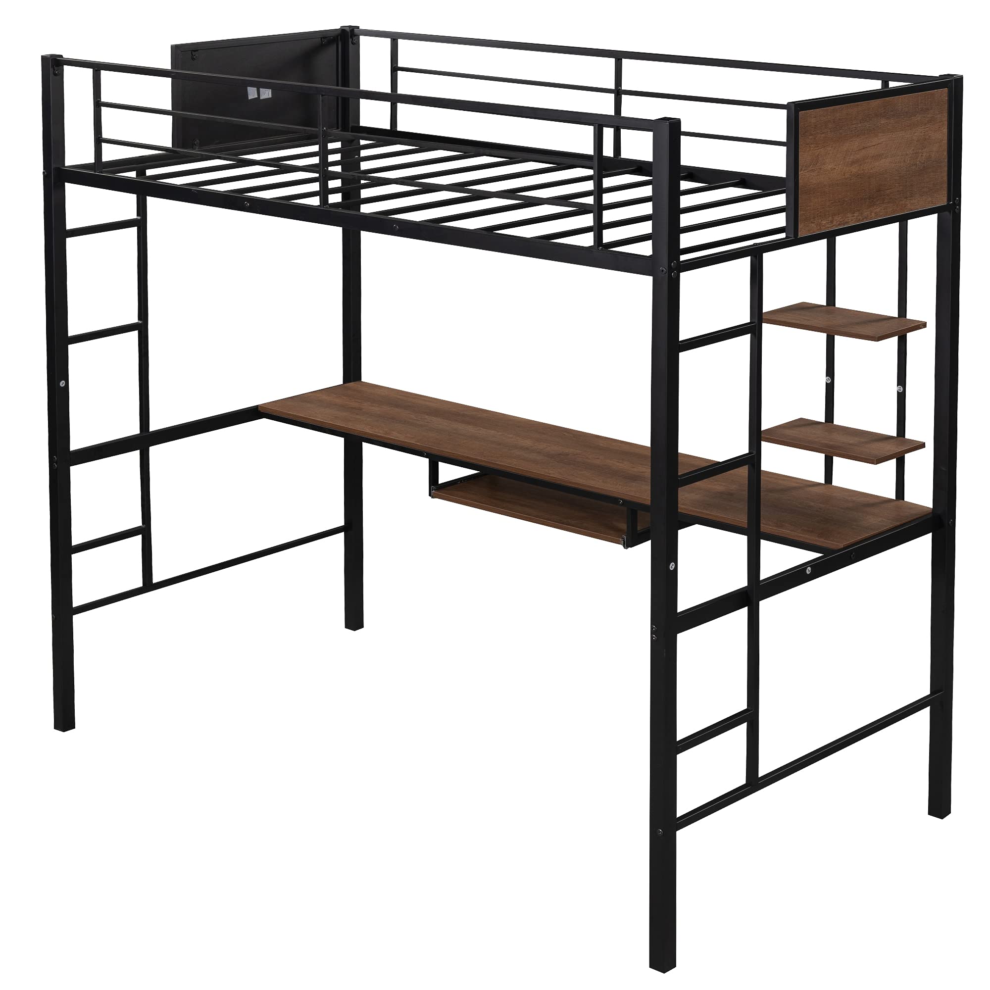 RUNNA Twin Size Metal Loft Bed with Long Study Desk - Space Saving Kids & Teens Bed with 2 Ladders, Keyboard Tray, 2 Storage Shelves & Full-Length Guardrail | Perfect for Small Bedrooms, Dorm Rooms & Studio Apartments