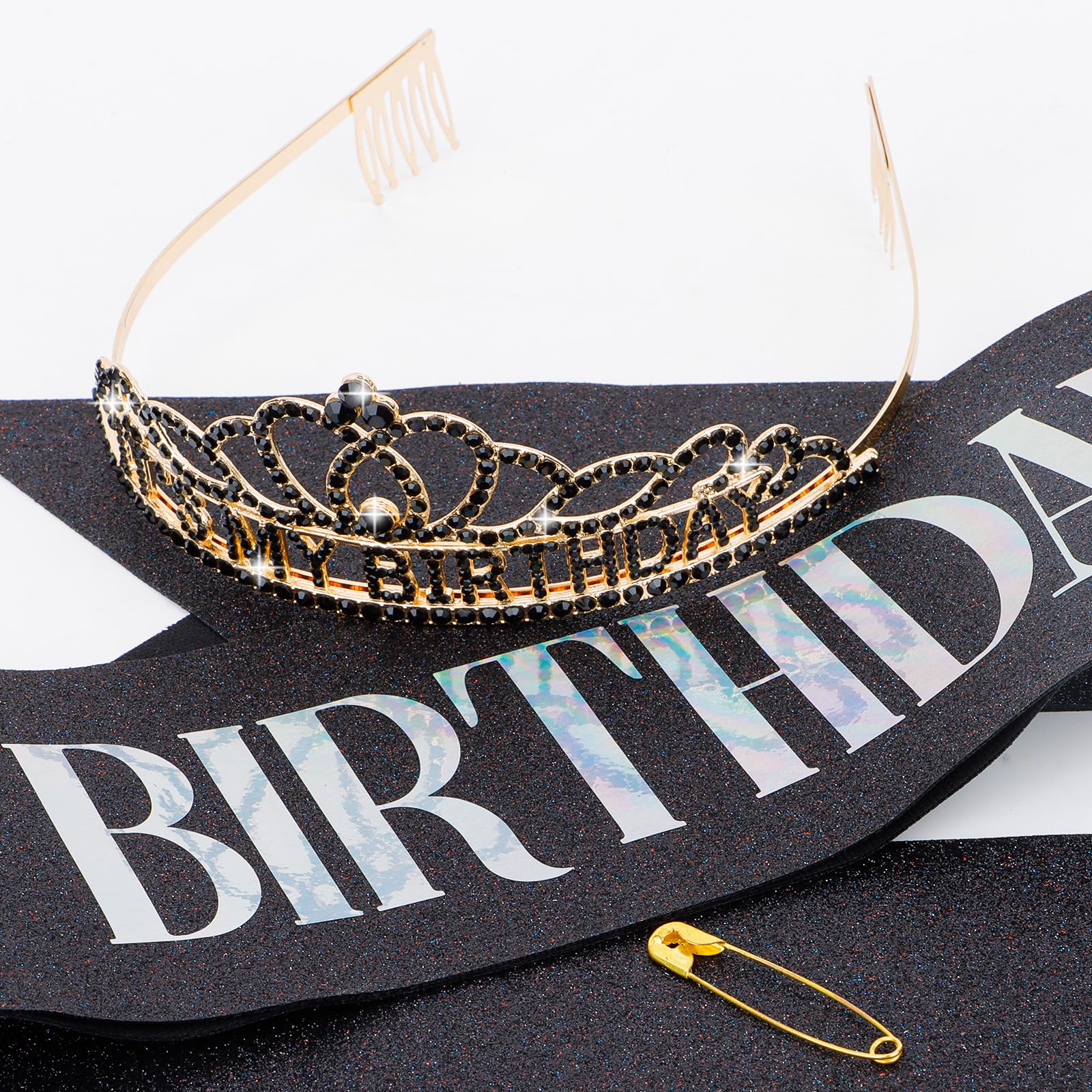 Princess Birthday Sash & Rhinestone Tiara Set for Women - Elegant Black Birthday Party Accessories & Decorations - Perfect for Birthday Celebrations, Bachelorette Parties & Special Occasions