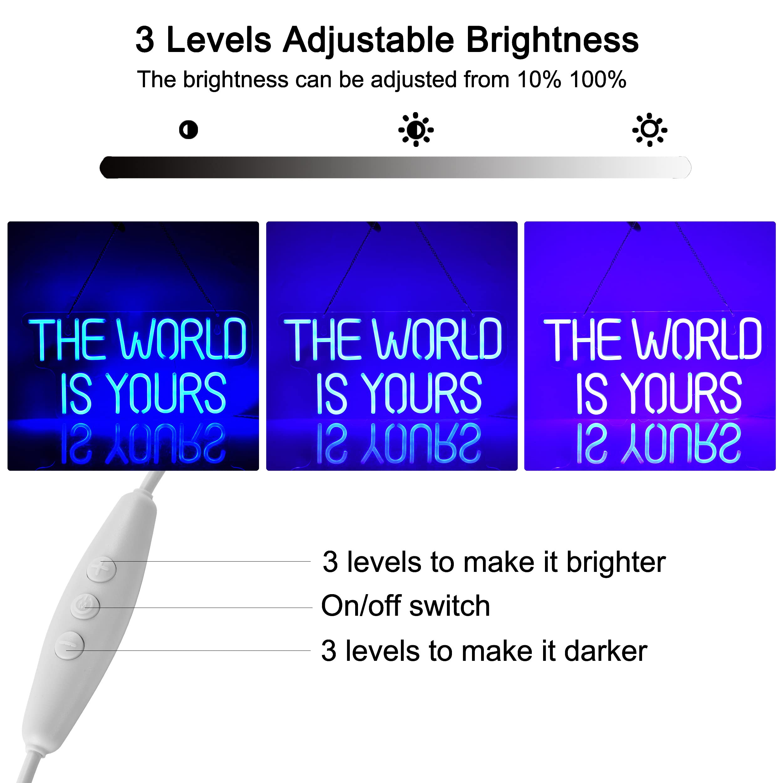 17x8 Inch LED Neon Blue 'The World is Yours' Dimmable Wall Sign - Custom Light Switch Art for Bedroom, Living Room & Party Decor | Perfect for Home, Office & Holiday Lighting