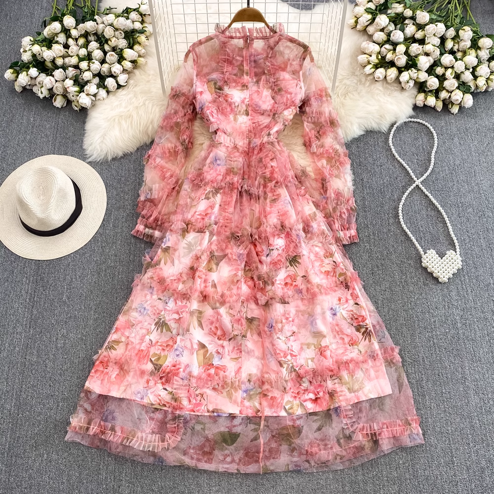 Elegant Long Sleeve Stand Collar A-Line Printed Chiffon Dress for Women - Perfect for Weddings, Parties & Formal Occasions