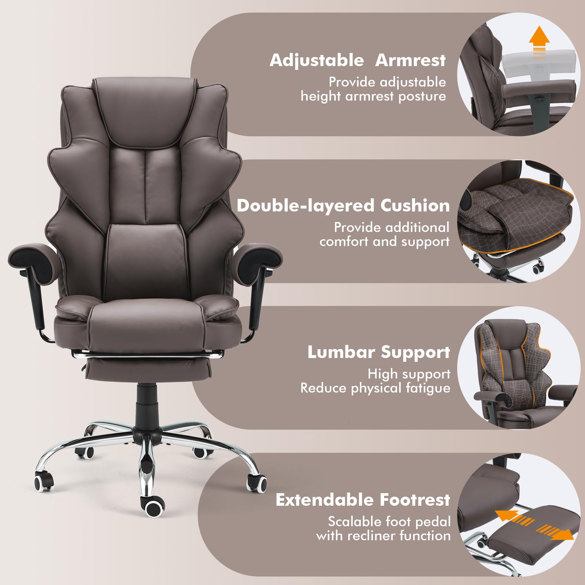 HOMREST 6-Point Massage Executive Office Chair with Heating - Ergonomic Leather Computer Desk Chair, Adjustable Armrests, Retractable Footrest & Reclining Function (Chocolate Brown) - Perfect for Home Office, Gaming & Workspace Comfort