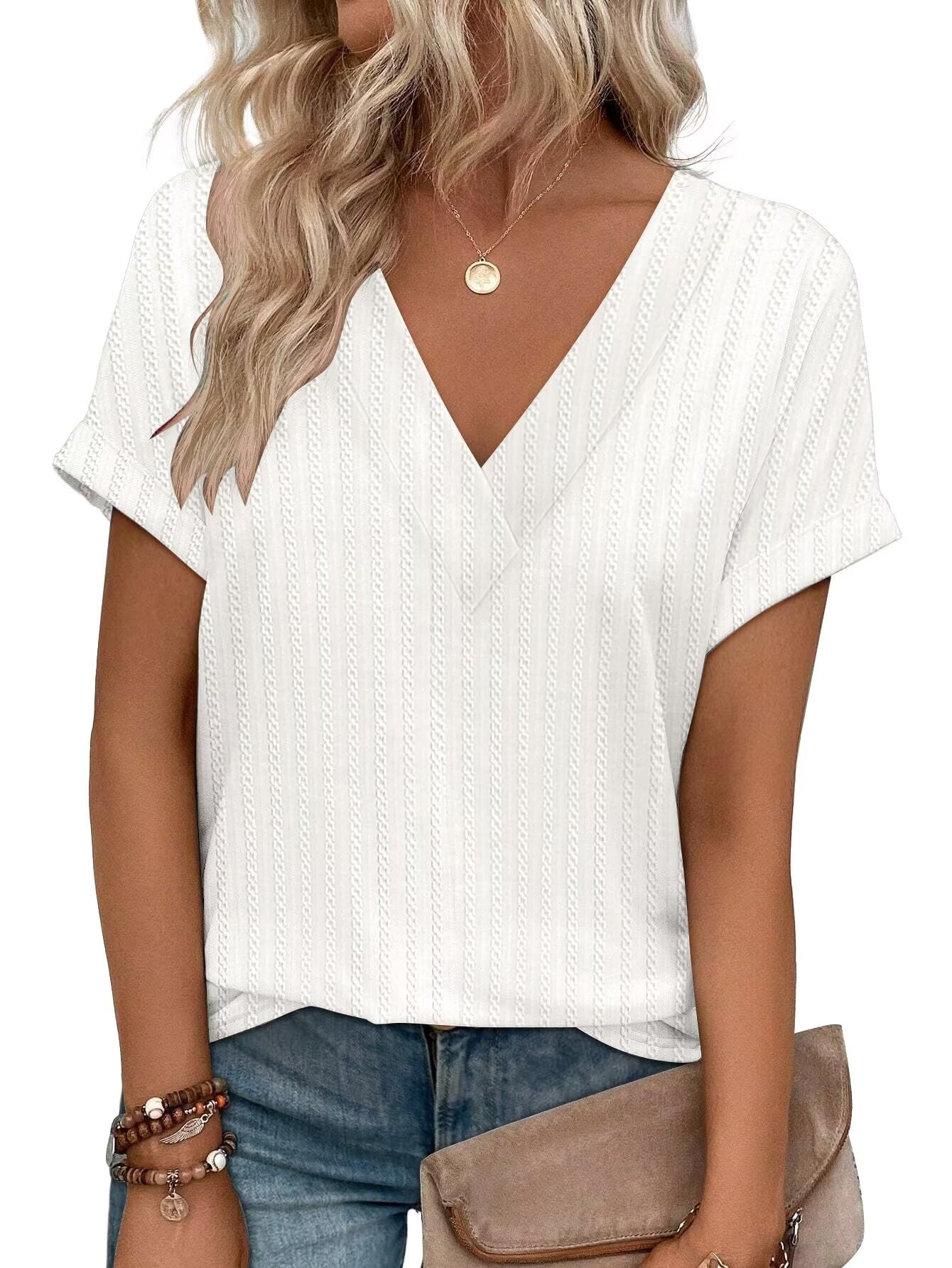 KKJ Women's V-Neck Textured Short Sleeve T-Shirt - Loose Fit Casual Cute Top for Spring Summer 2025 | Trendy Outfit for Everyday Wear, Date Nights & Weekend Getaways