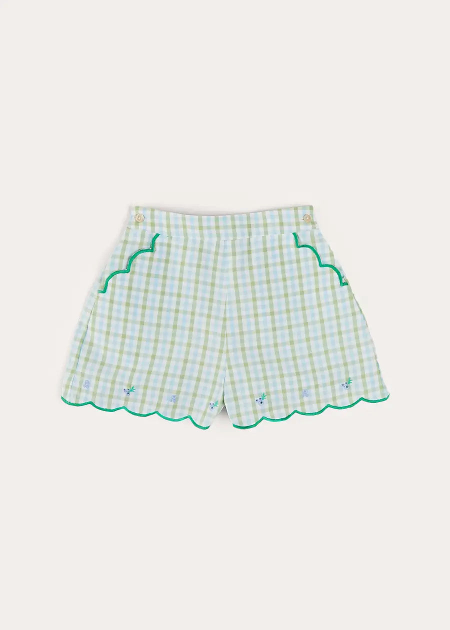 Maxwell Green Gingham Embroidered Scallop Trim Shorts for Girls (18 Months to 10 Years) - Perfect for Summer Playdates & Outdoor Adventures