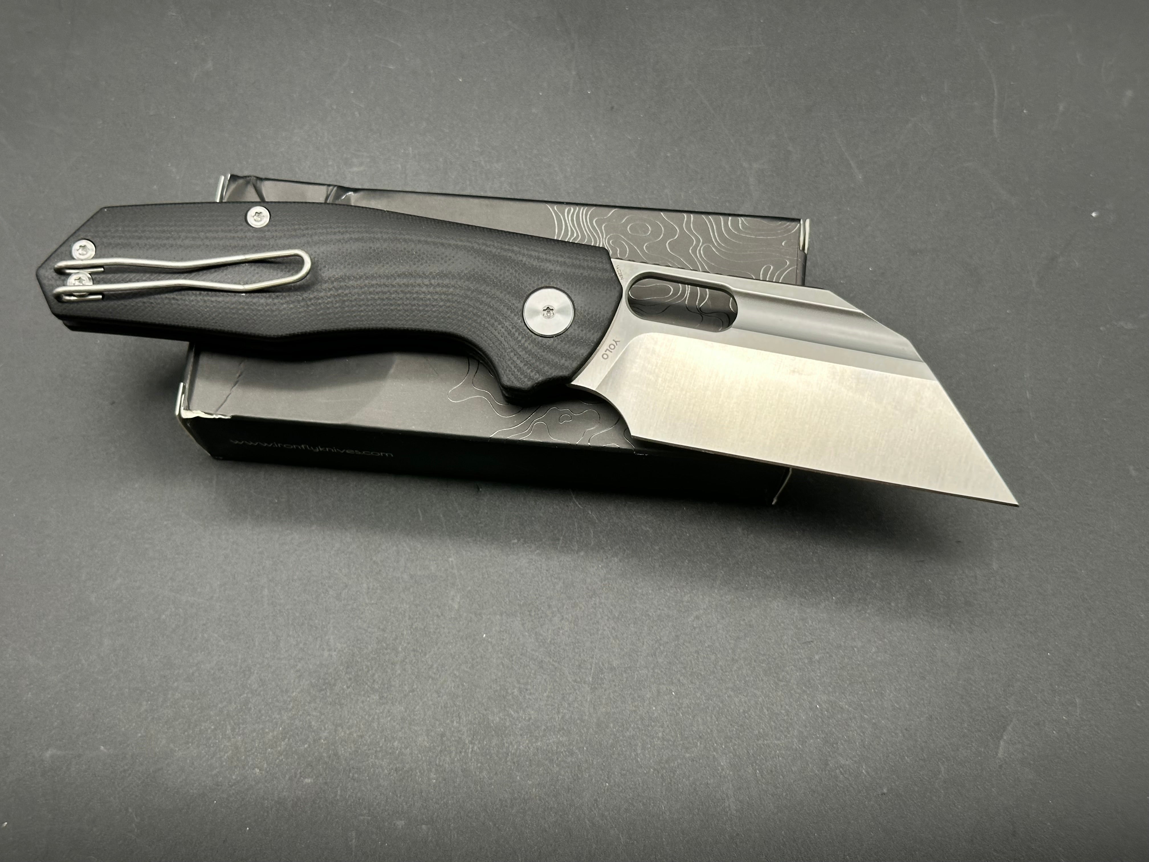 Ironfly (Kunwu) YOLO Button Lock Pocket Knife - 14C28N Stainless Steel Blade & Black G10 Handle - EDC, Camping, Outdoor Survival Gear