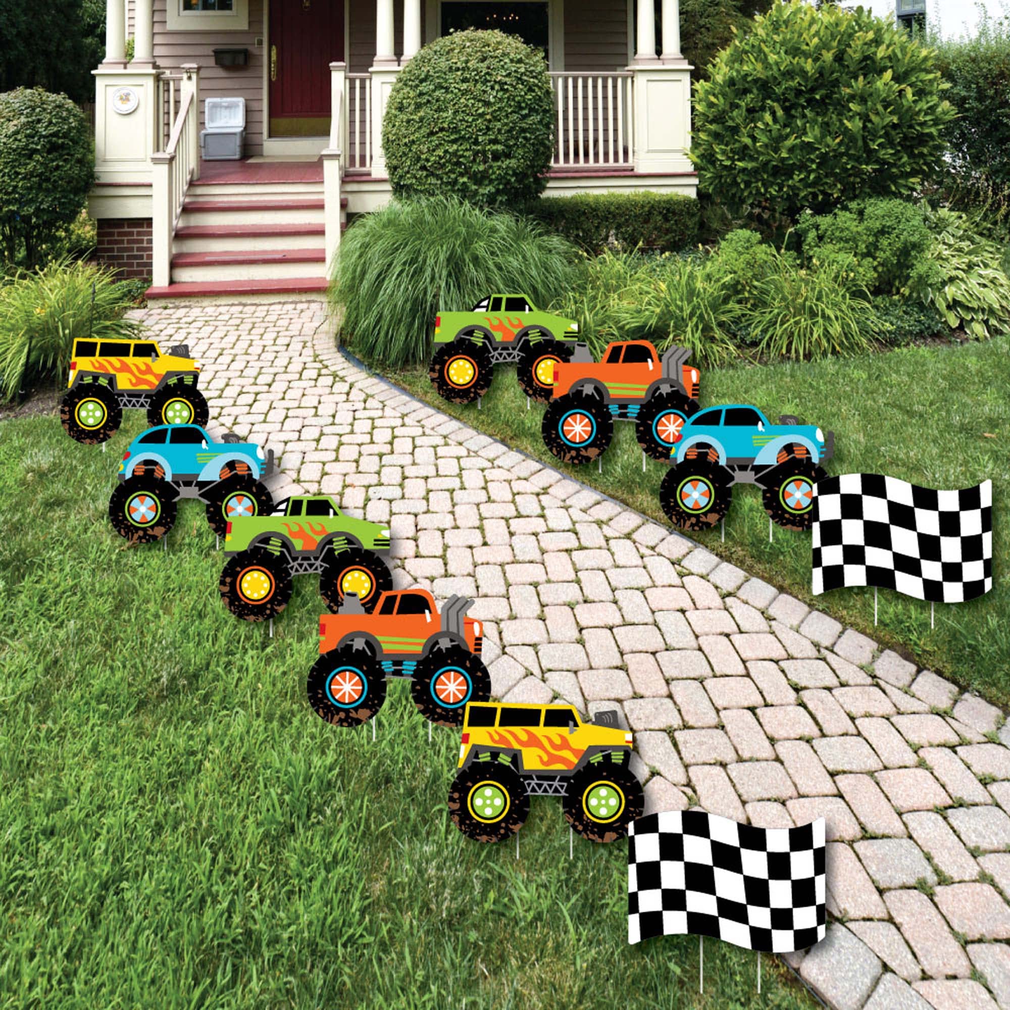 Big Dot of Happiness Smash and Crash Monster Truck Lawn Decorations - 10 Piece Outdoor Birthday Party Decor for Boys - Perfect for Yard Parties, Kids Events & Themed Celebrations