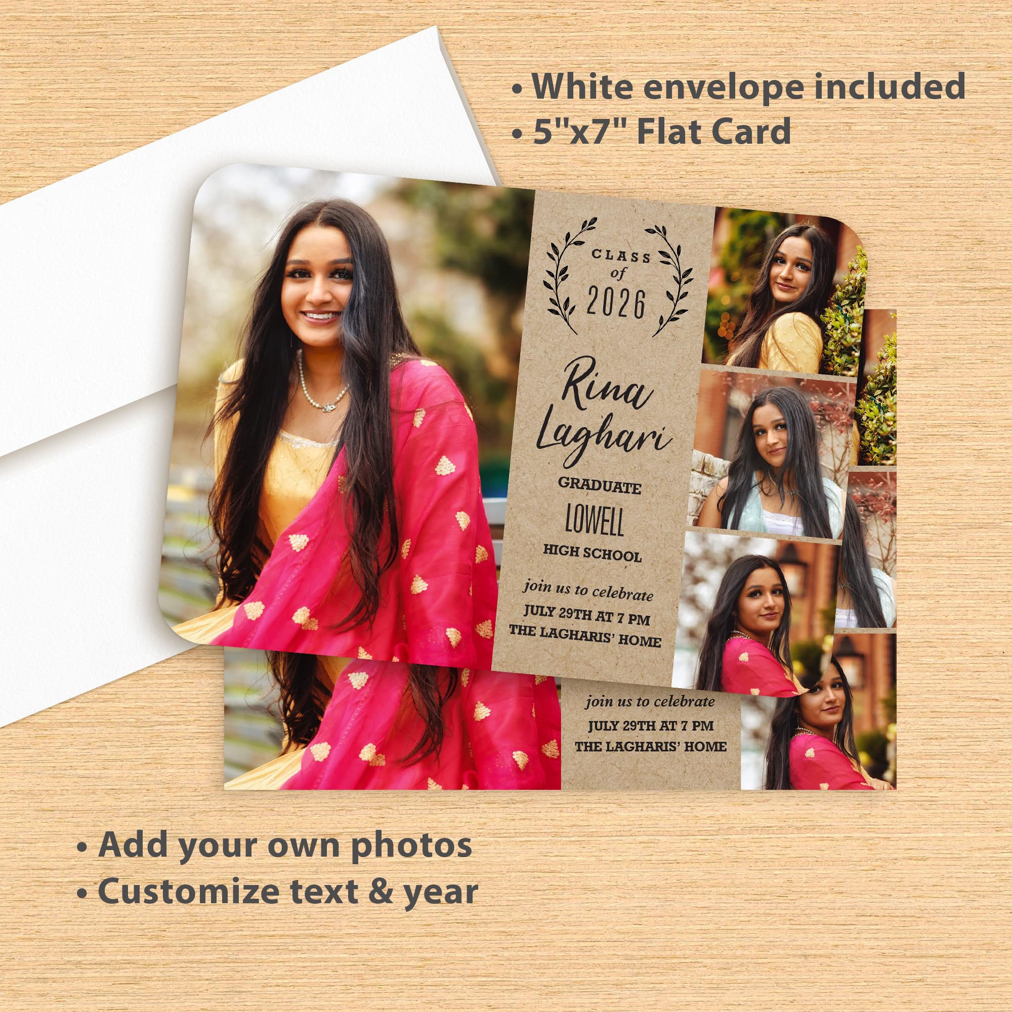 Personalized Graduation Announcements Class of 2025 - Premium 5x7 Photo Cards with White Envelopes - Modern Laurel Design - Custom Invitations for High School & College Graduates - Perfect for Commencement Ceremonies & Family Celebrations - Set of 75