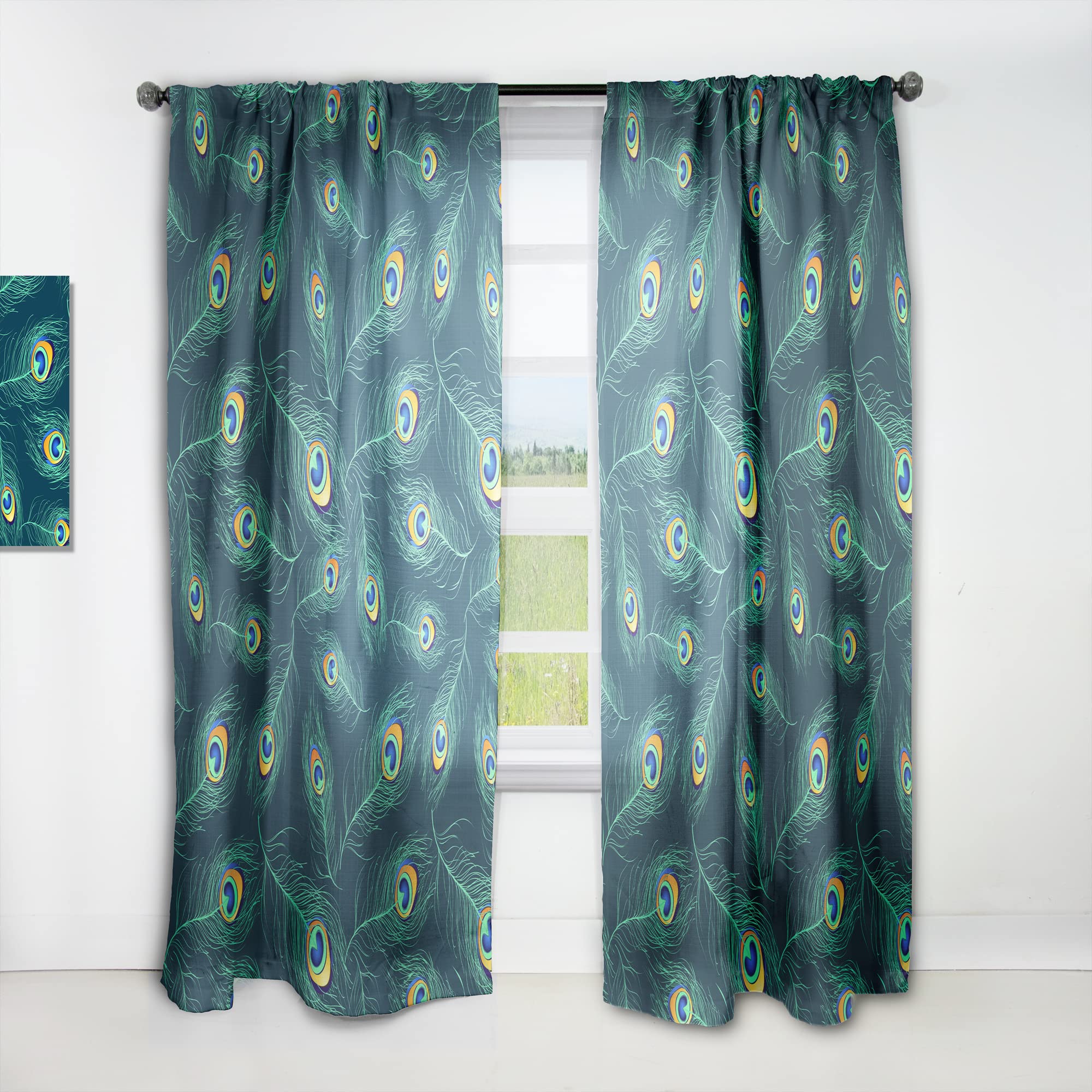 DesignQ Peacock Feather Pattern Thermal Insulated Curtains - 52x95 Inch Single Panel for Bedroom & Living Room - Elegant Home Decor for Privacy & Temperature Control