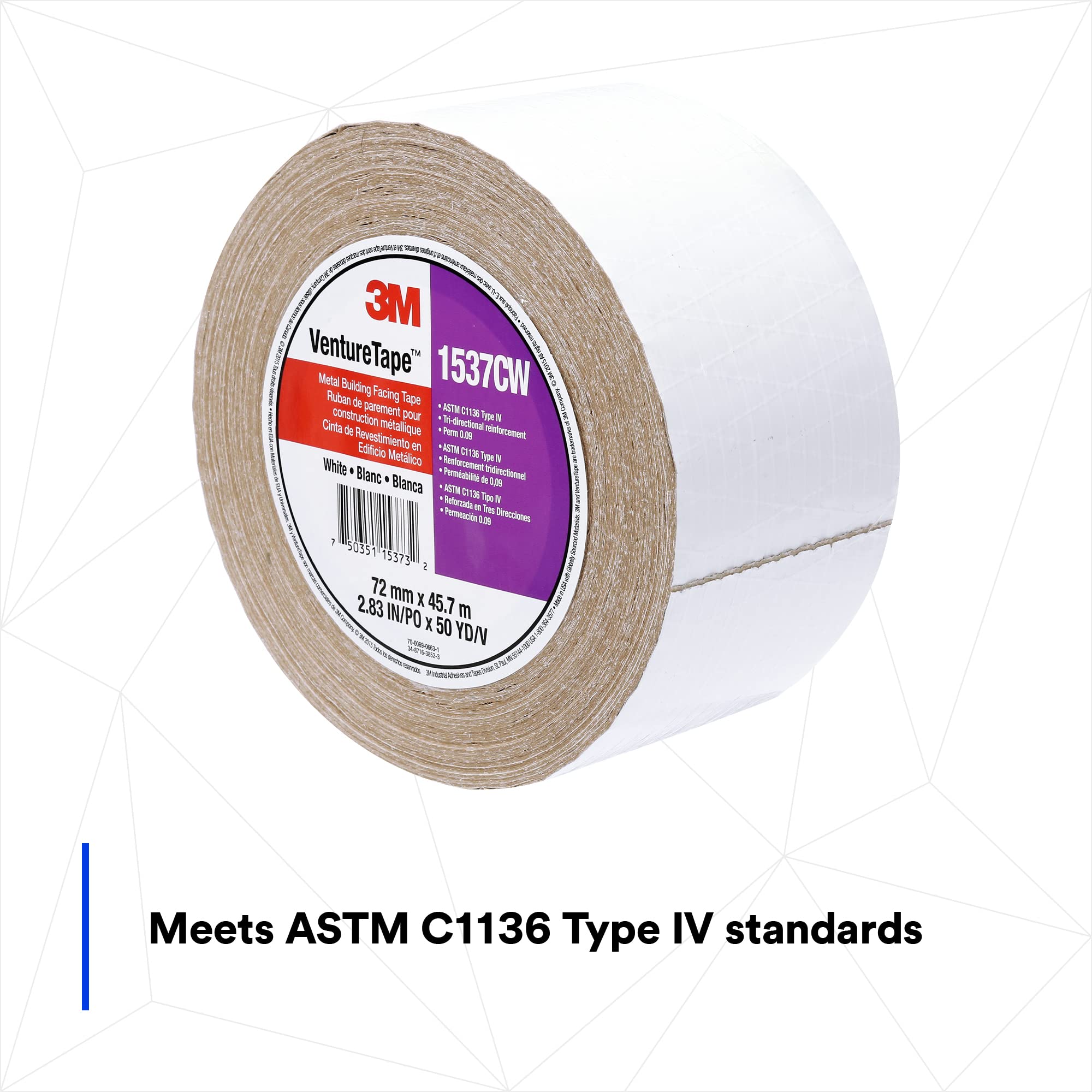 3M Metal Building Facing Tape 1537CW - White HVAC Tape (72mm x 45.7m, 16 Rolls/Case) for Sealing Joints, Seams & Insulation in Commercial Buildings