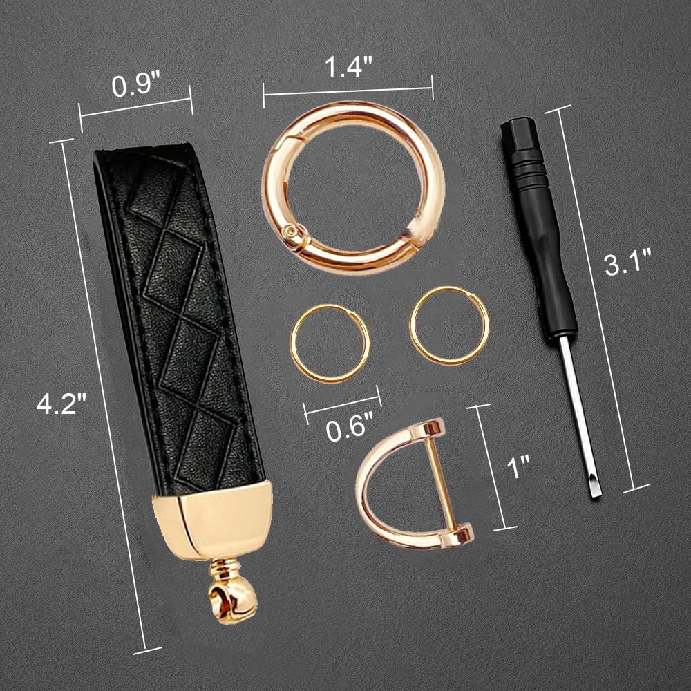 Leather Car Keychain with D-Ring - Universal 360 Degree Rotatable Key Fob Holder for Men & Women (Black & Gold) | Anti-Lost Key Organizer for Car Keys, House Keys & Office Keys
