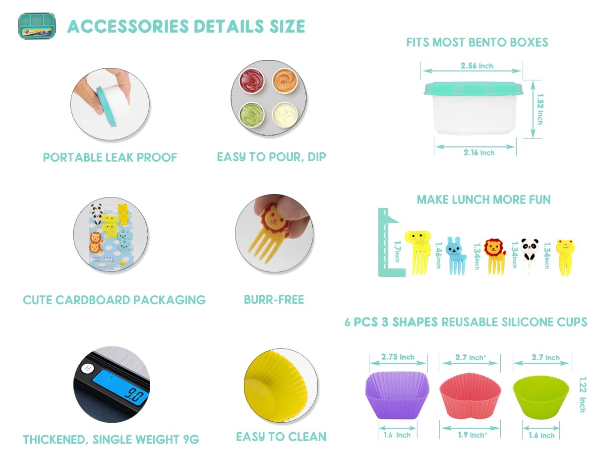 Eco-Friendly 4-Compartment Bento Lunch Box for Kids & Adults - Includes Silicone Food Cups & Fun Food Picks - Leakproof & Easy Clean (Green) - Perfect for School, Office & Picnic Meals