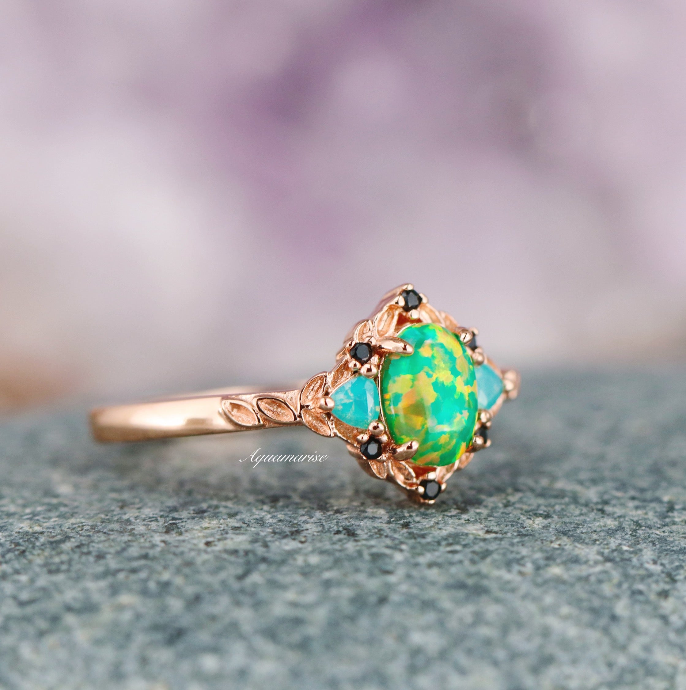 14K Rose Gold Vermeil Green Fire Opal & Opalescent Sapphire Leaf Ring - Elegant Nature-Inspired Jewelry for Women, Perfect for Weddings, Parties & Special Occasions