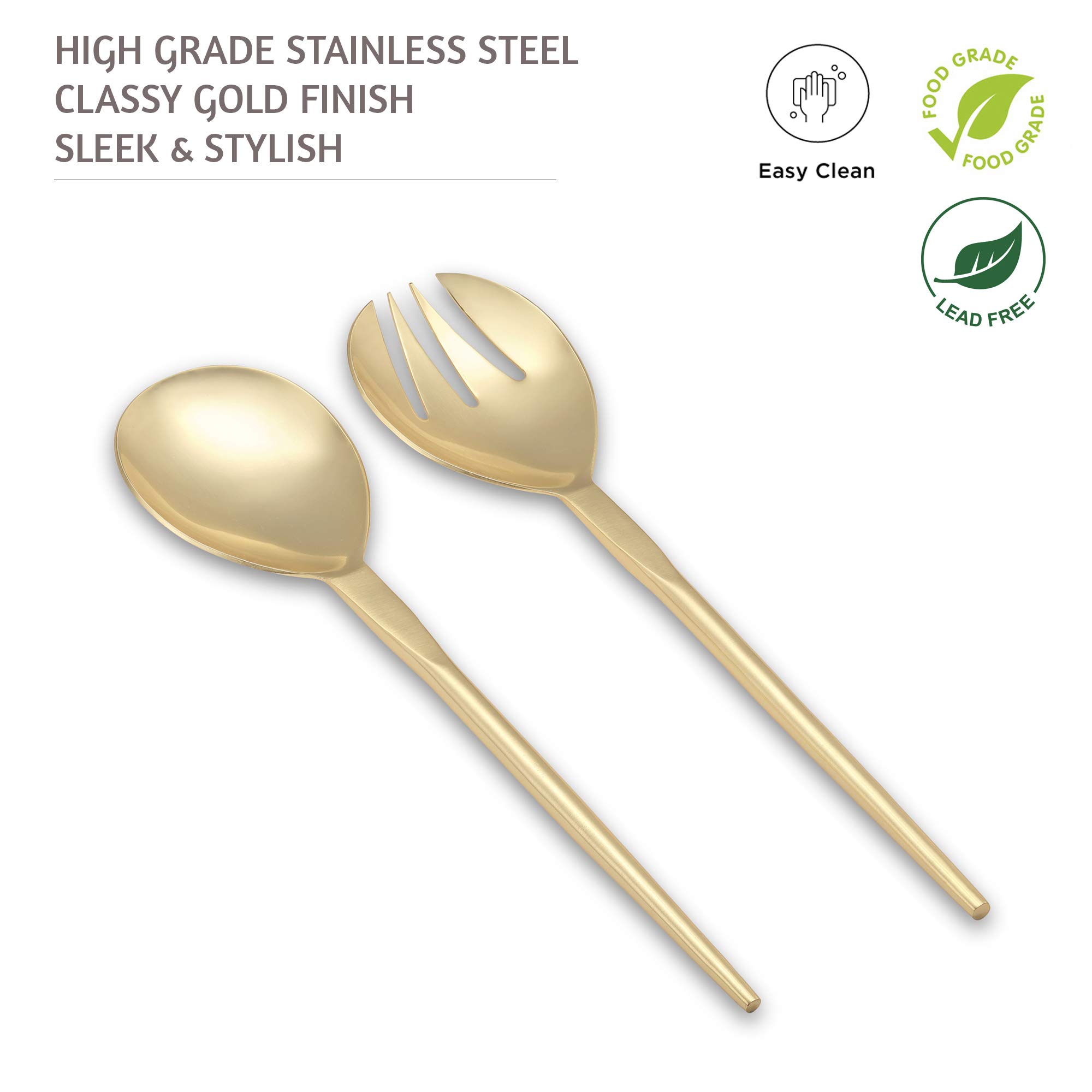 Folkulture Stainless Steel 12-Inch Serving Spoon and Fork Set - Gold/Brass Finish for Salad, Pasta, Gravies - Modern Kitchen Utensils for Cooking, Serving & Entertaining