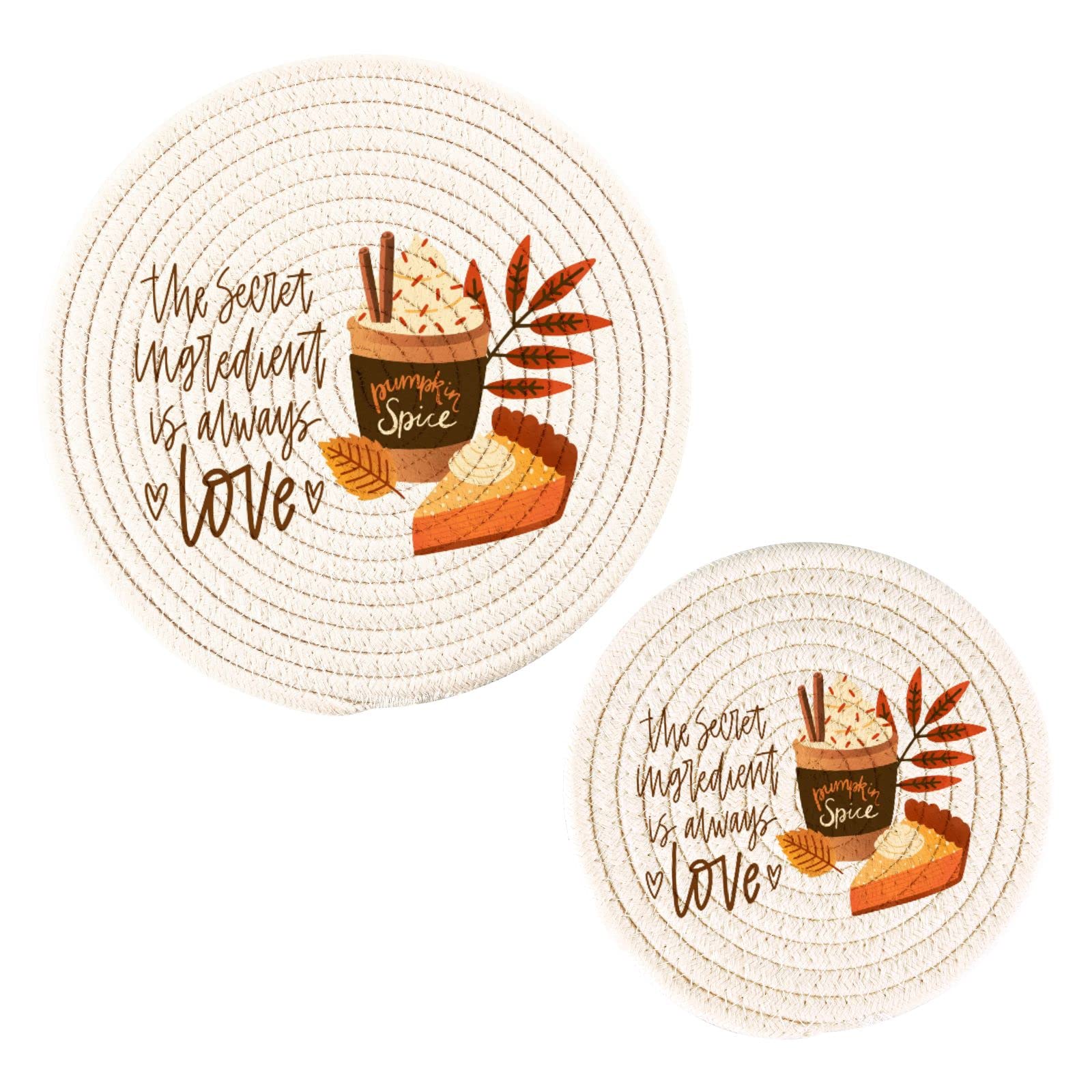 Pumpkin Spice Latte Fall Kitchen Pot Holders 2 Pack - 100% Cotton Round Hot Pads & Trivet Mats Set with Autumn Quote - Stylish Heat Resistant Coasters for Baking, Cooking, Coffee Cups & Dining Counter - Perfect for Thanksgiving, Halloween & Cozy Autumn Decor