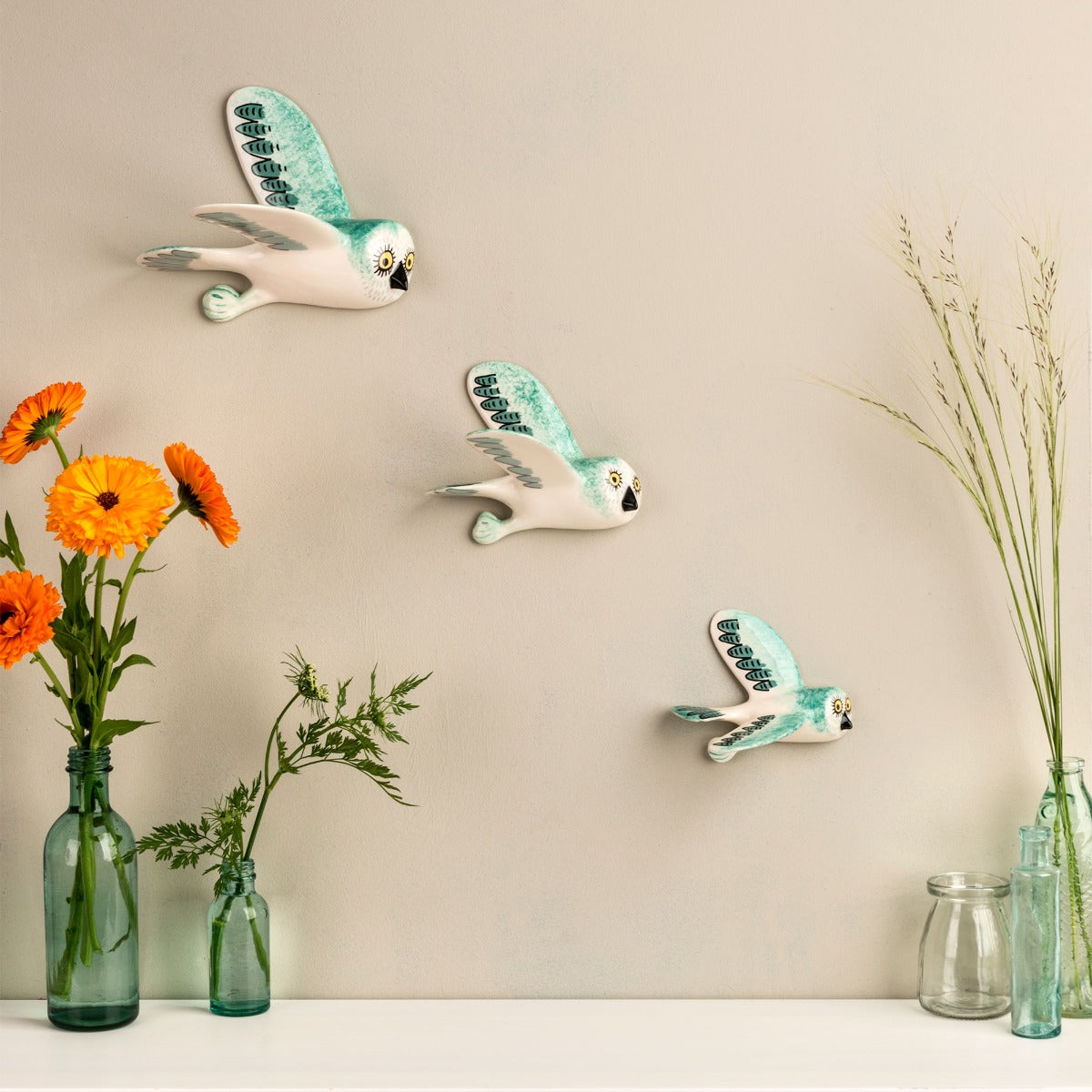 Handmade Ceramic Flying Owl Trio Wall Art - Teal Blue Decor by Hannah | Perfect for Boho, Farmhouse & Nursery Wall Decor