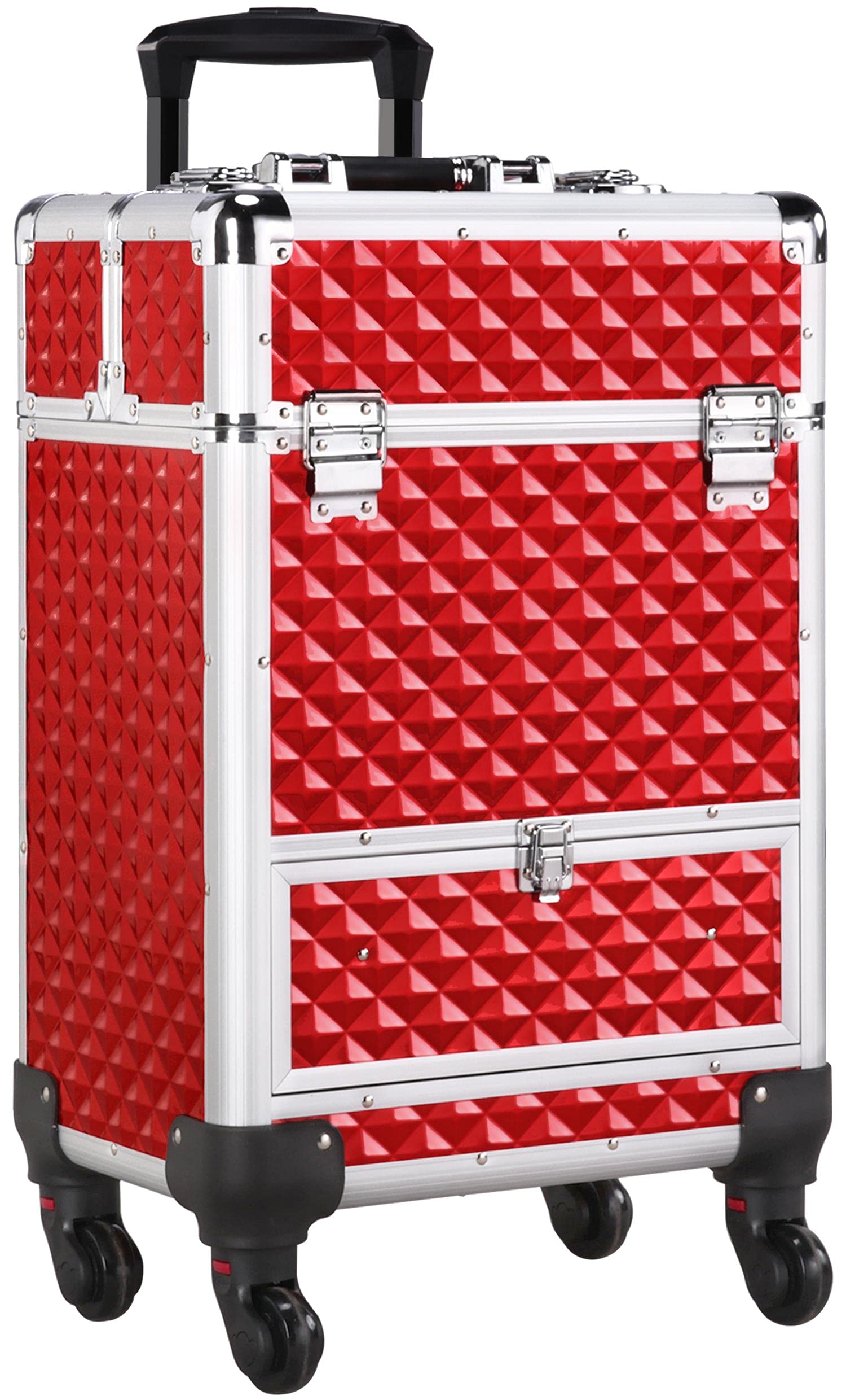 Yaheetech Professional Rolling Makeup Train Case - Aluminum Cosmetic Organizer with Wheels, Lockable Salon Trolley for Barber & Beauty - Travel Cosmetic Case with Sliding Drawers & Removable Divider (Red) - Perfect for Salon Professionals, Mobile Makeup Artists & Travel Beauty Essentials