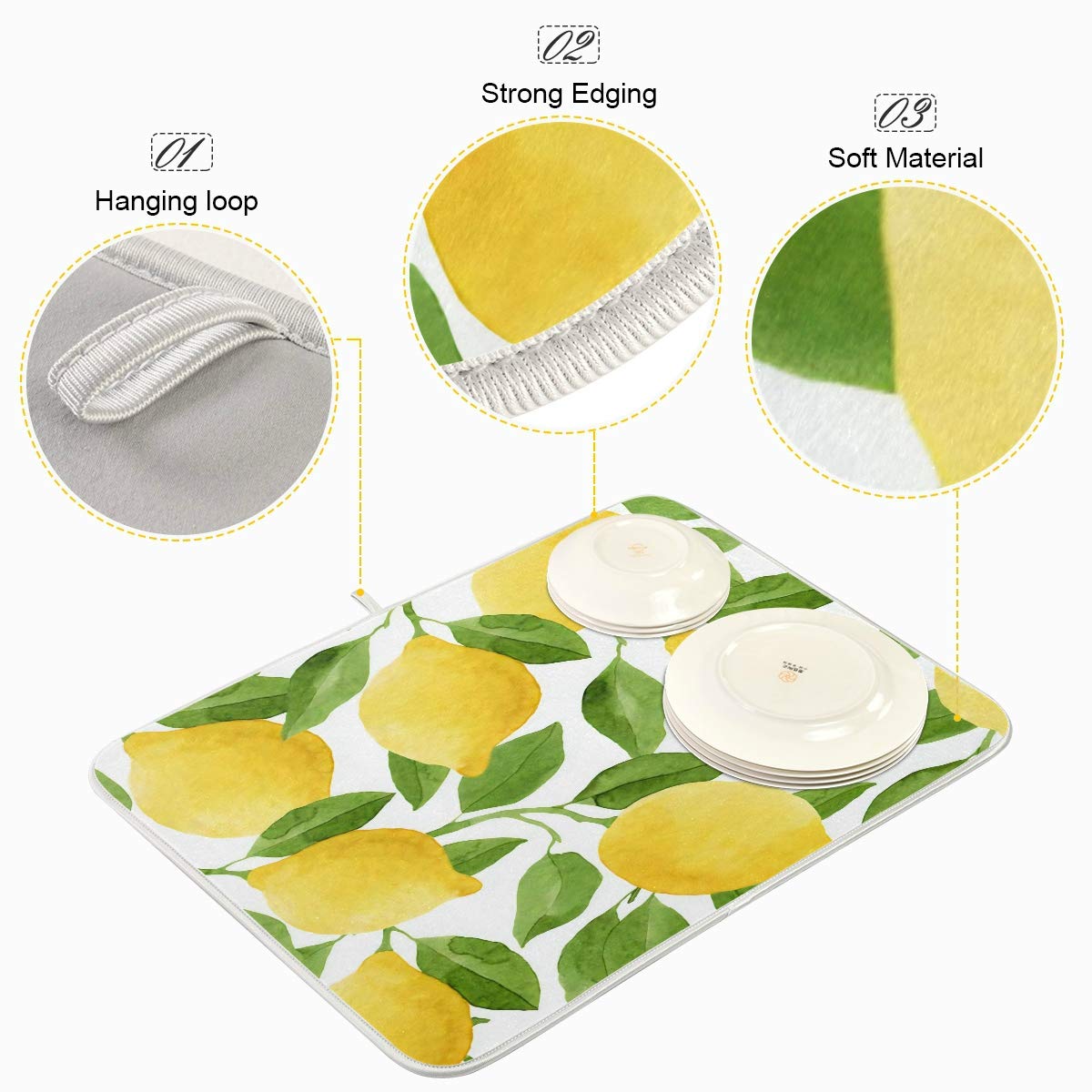 Lemon Dish Drying Mat 18x24 Inch - Reversible Sink Mat for Kitchen Counter & Drying Dishes