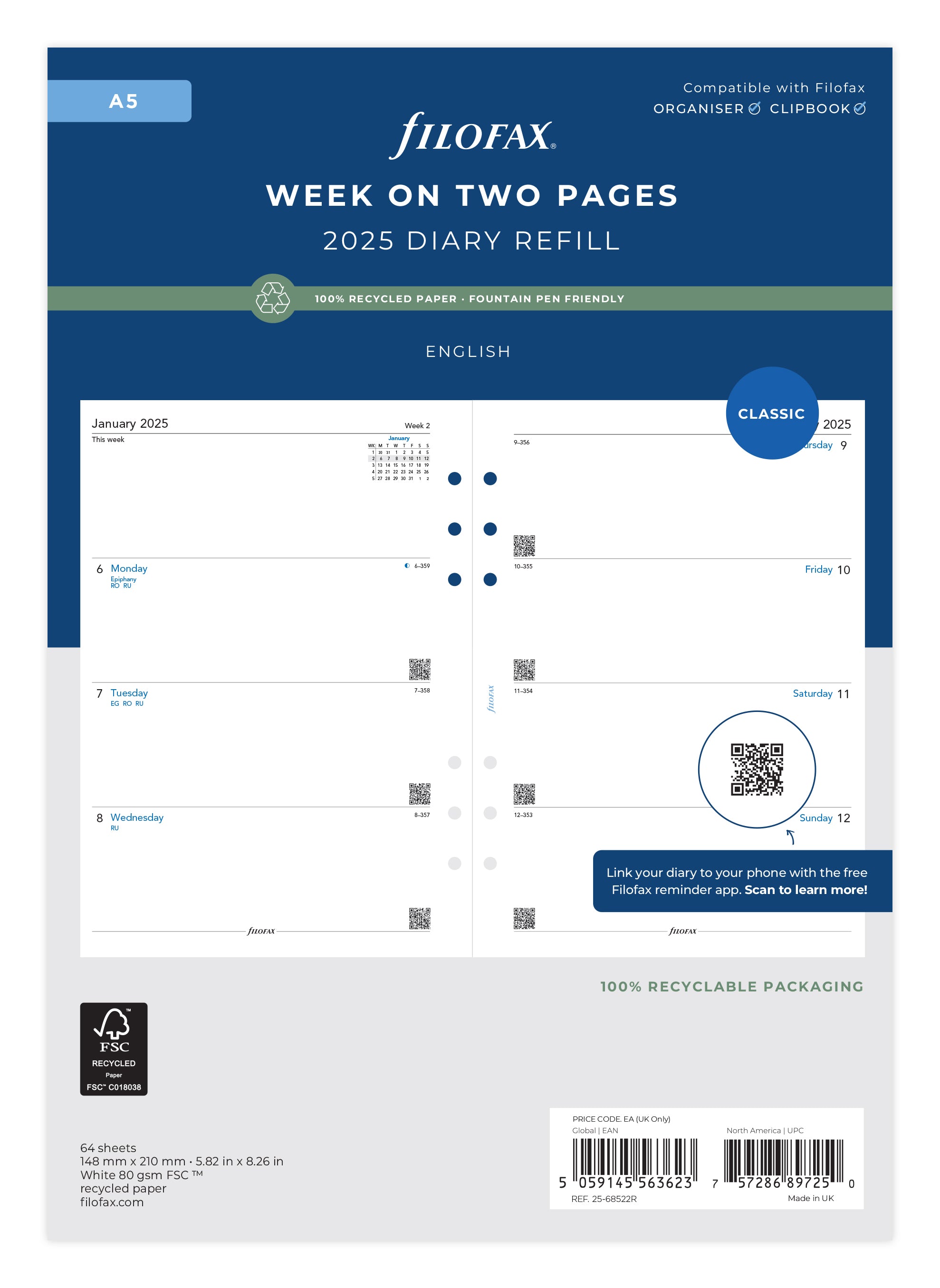 2025 Filafax A5 Refill Planner - Recycled Paper, Week to View Diary, 148mm x 210mm - Perfect for Office, School & Personal Organization