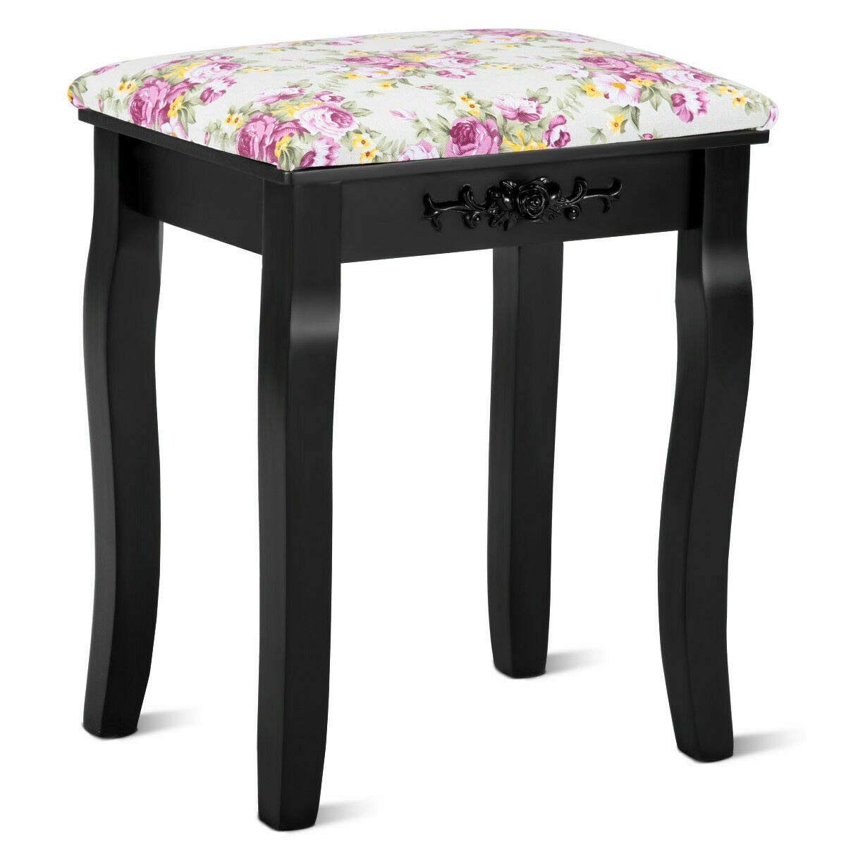 Black Vanity Stool with Padded Seat - Wooden Makeup Chair with Rose Cushion for Dressing Table, Bedroom Decor & Piano Bench - Perfect for Cosmetics, Jewelry Organization & Vanity Area