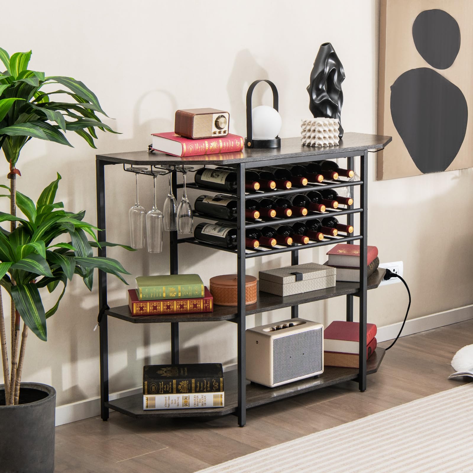 Giantex Industrial Bar Table Cabinet with Power Outlet & USB Port - 21 Bottle Wine Rack & Glass Holder - 3-Tier Mini Coffee Bar Stand for Liquor Storage - Perfect for Kitchen, Dining Room & Home Bar Organization