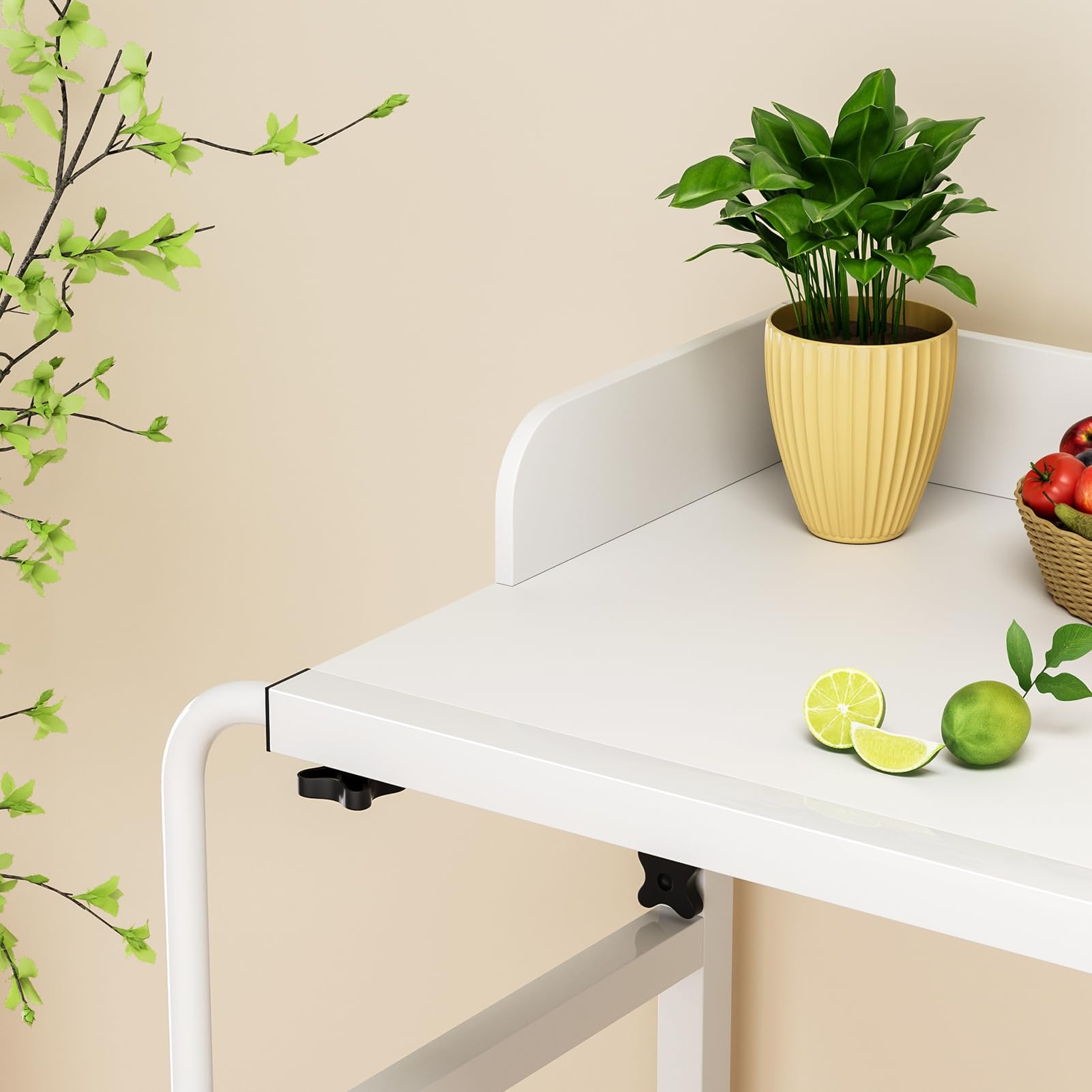 Adjustable Height Overbed Table with Wheels - Portable Rolling Desk for Laptop, Standing Workstation - Ideal for Hospital, Home Office & Bedroom Use - White Mobile Table with Raised Edge