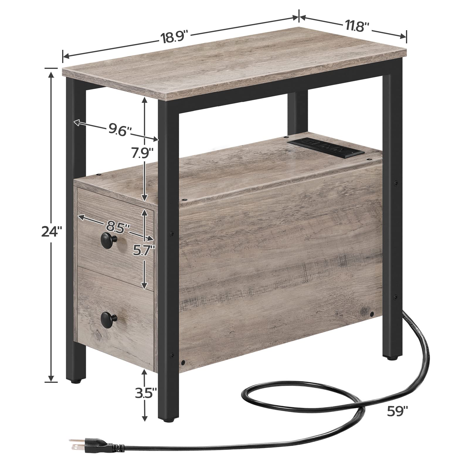 HOOBRO Set of 2 Narrow End Tables with Charging Station, USB Ports & Power Outlets, Nightstand with Drawers for Small Spaces - Greige and Black BG541BZP201 | Perfect for Living Room, Bedroom & Office Use