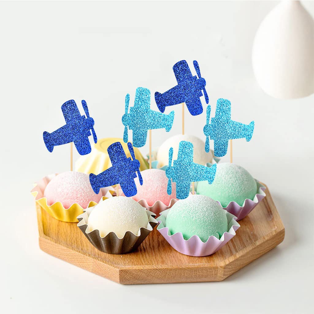 24 PCS Glitter Airplane Cupcake Toppers for Birthday Party, Wedding, Baby Shower, Anniversary - Edible Cake Decorations for Desserts & Celebrations - Perfect for Aviation Themed Events and Kids Parties
