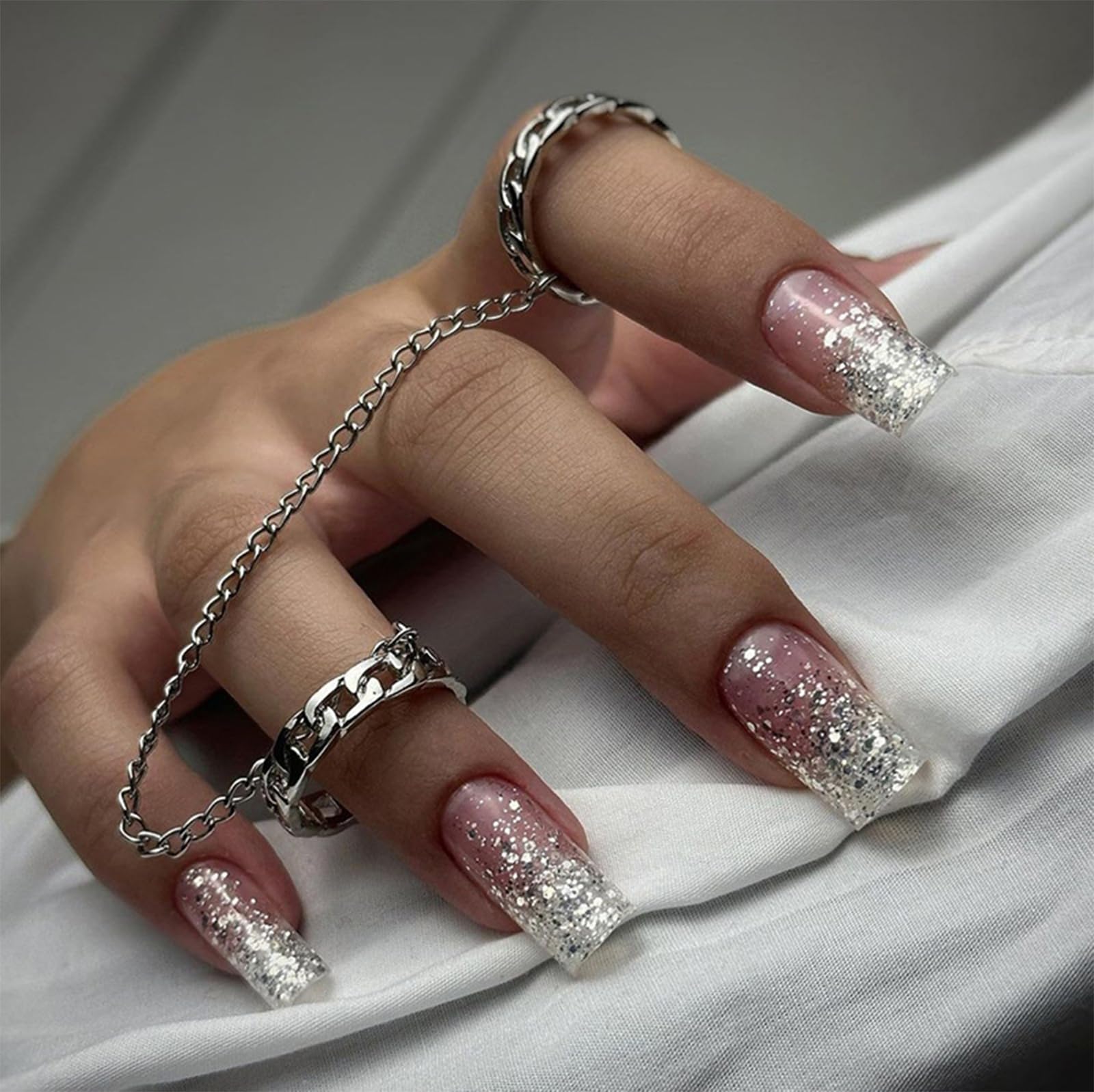24pcs Medium Square False Nails - Pink Silver Glitter Press on Nails, Full Cover Stick on Nail Tips for Women | Perfect for Parties, Weddings & Daily Nail Art Accessories