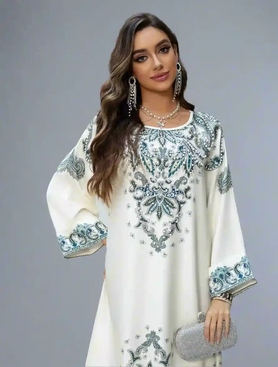 Elegant Hotfix Rhinestone Printed Caftan Kaftan Dress for Women - Eid Party Wear, Summer Beach Cover Up, Boho Maxi Dress #25425