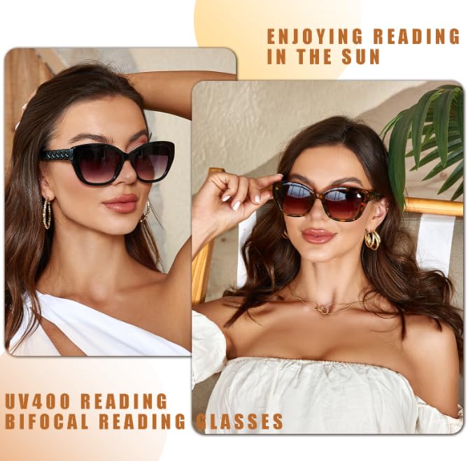 LADEESSE 3 Pack Bifocal Sunglasses for Women - UV400 Protection Reading Sunglasses with +2.0 Magnification | Stylish Prescription Eyewear for Outdoor Activities, Driving & Reading