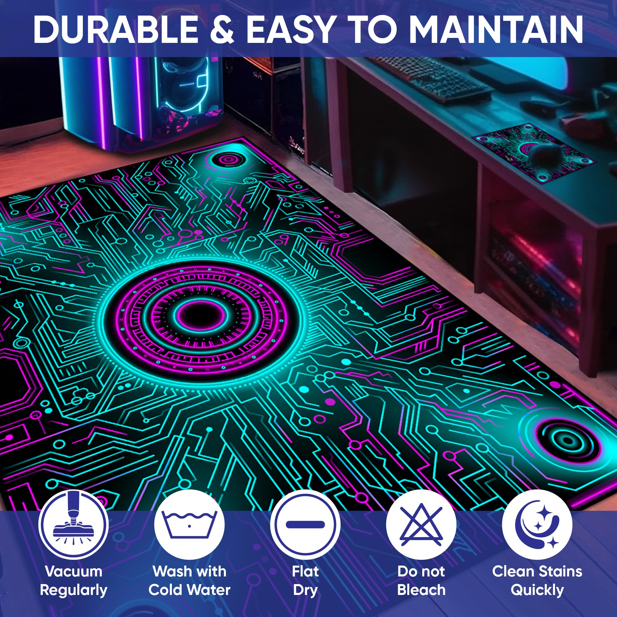 Gaming Rug and Mouse Pad Set - Circuit Design Gamer Carpet, Game Room Rug, Video Game Mat for PC, Console, and Esports Setup
