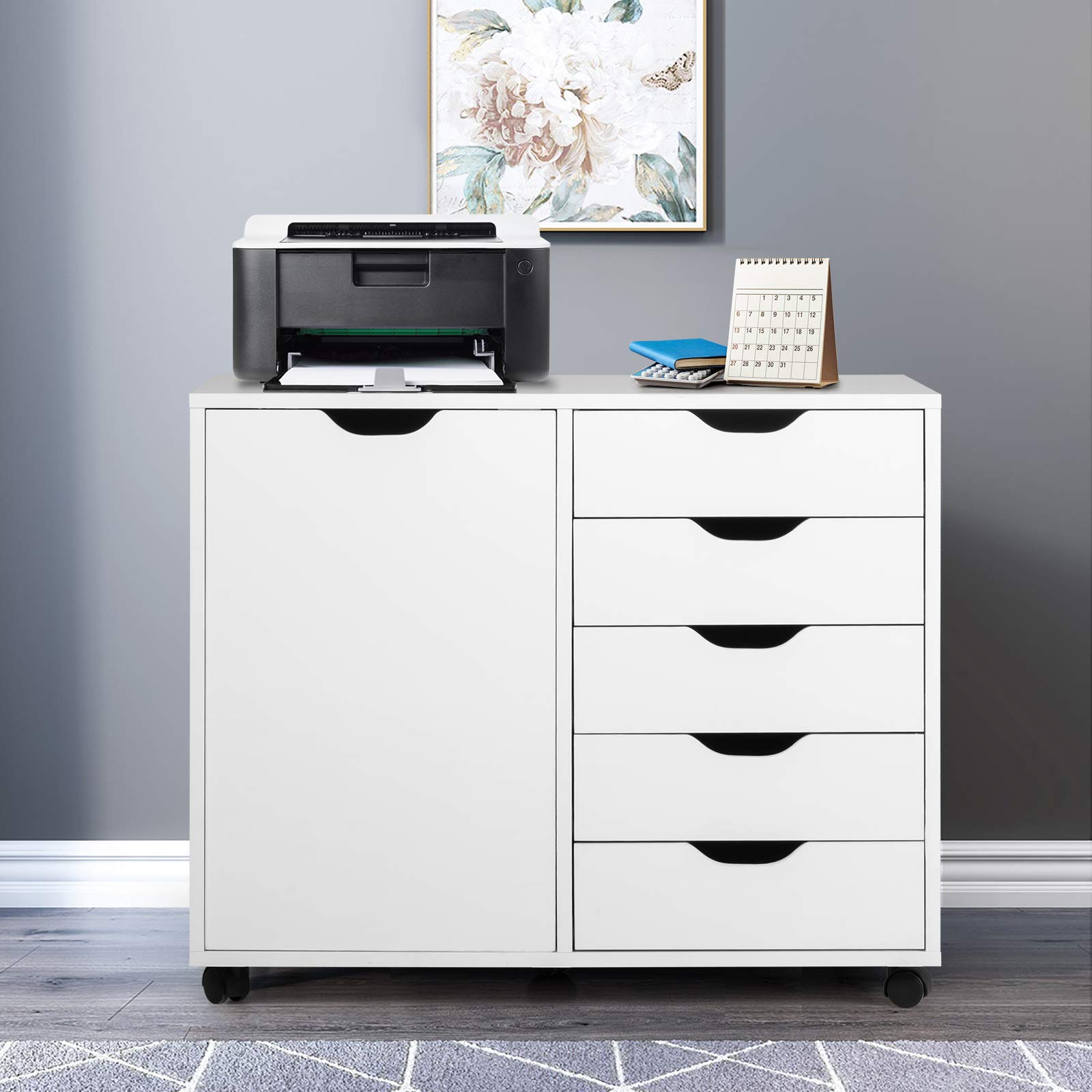 Giantex 5-Drawer Mobile File Cabinet with Wheels, White Lateral Dresser Storage Organizer for Home Office - 31
