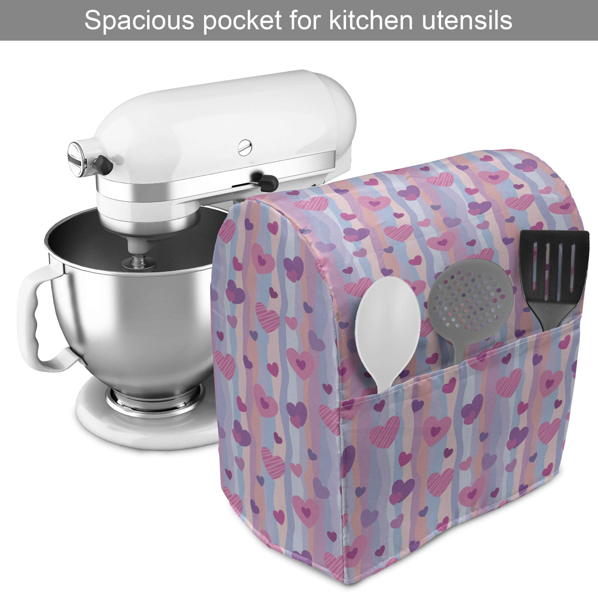 Ambesonne Love Stand Mixer Cover - Hearts & Vertical Stripes Design for Valentine's Day, Romantic Wedding Kitchen Decor - 6-8 Quart Pale Mauve Purple Mixer Bag with Storage Pocket | Perfect for Kitchen Organization, Gift Giving & Holiday Decorations