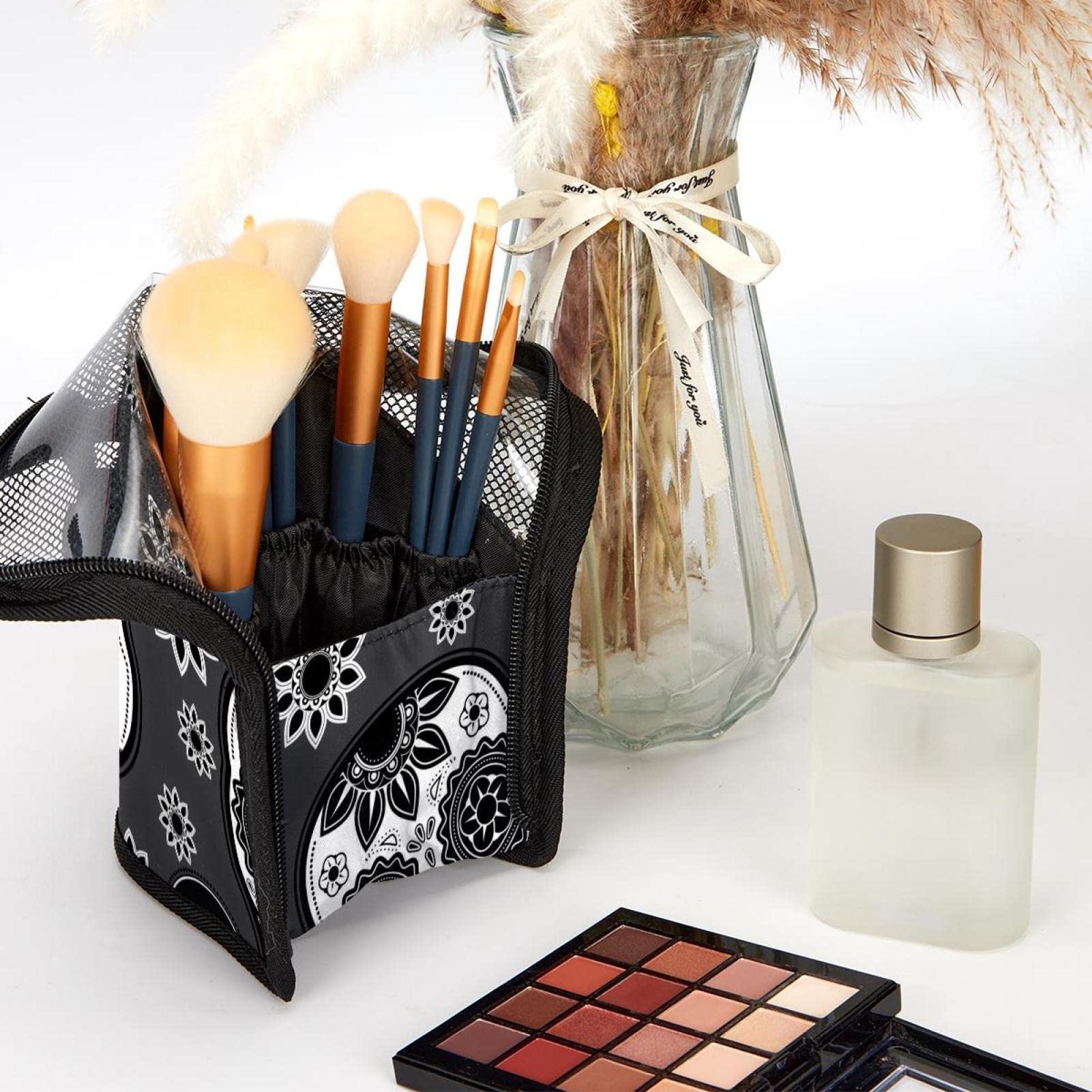 Premium 12-Piece Makeup Brush Organizer Bag with Skull Gray Floral Design - Portable Travel Makeup Brush Holder Case for Professional Artists & Home Use