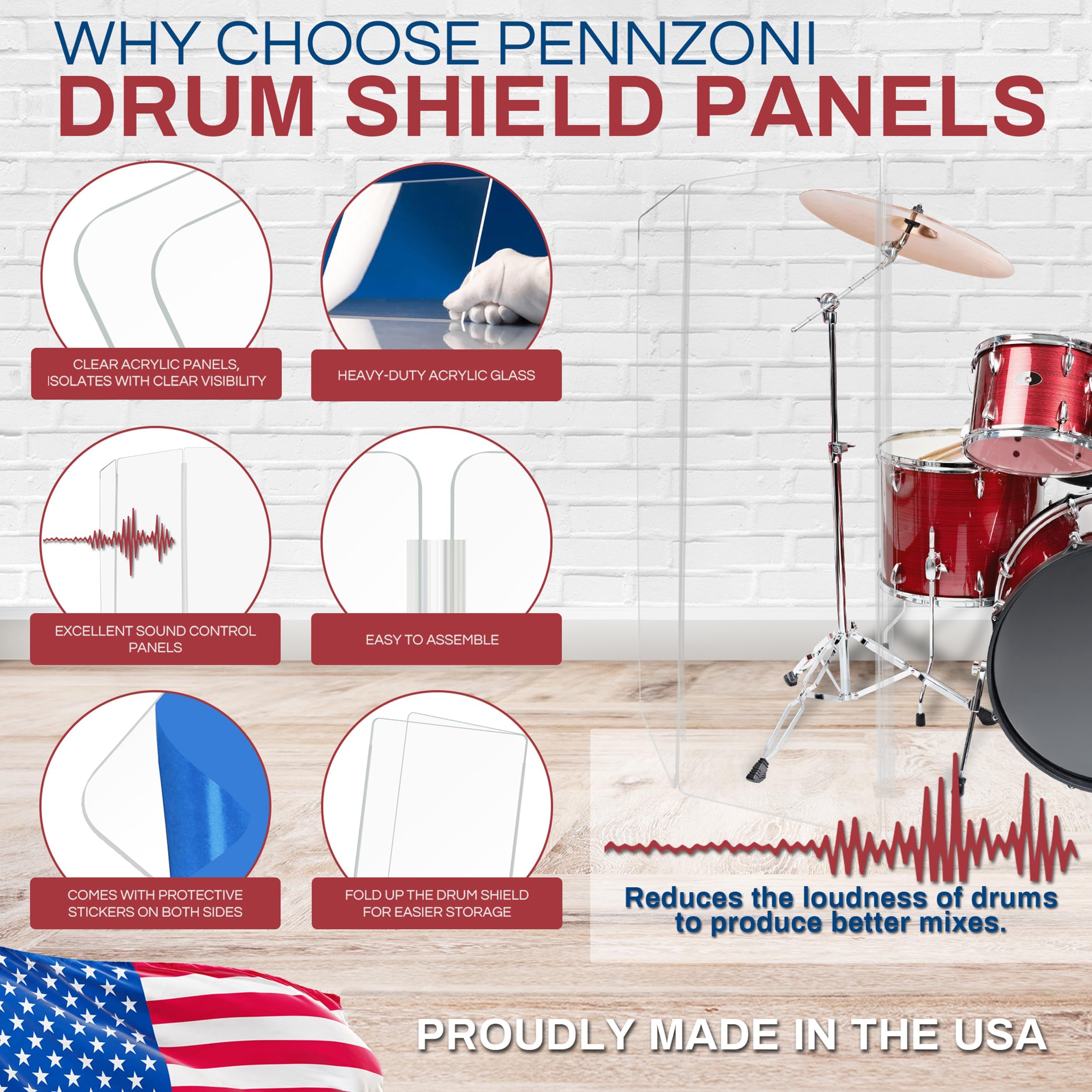 5ft Drum Shield with Plastic Hinges - 6 Premium Clear Acrylic Drum Panels & Screens for Noise Reduction - Perfect for Home Studios, Live Performances & Drum Practice Rooms