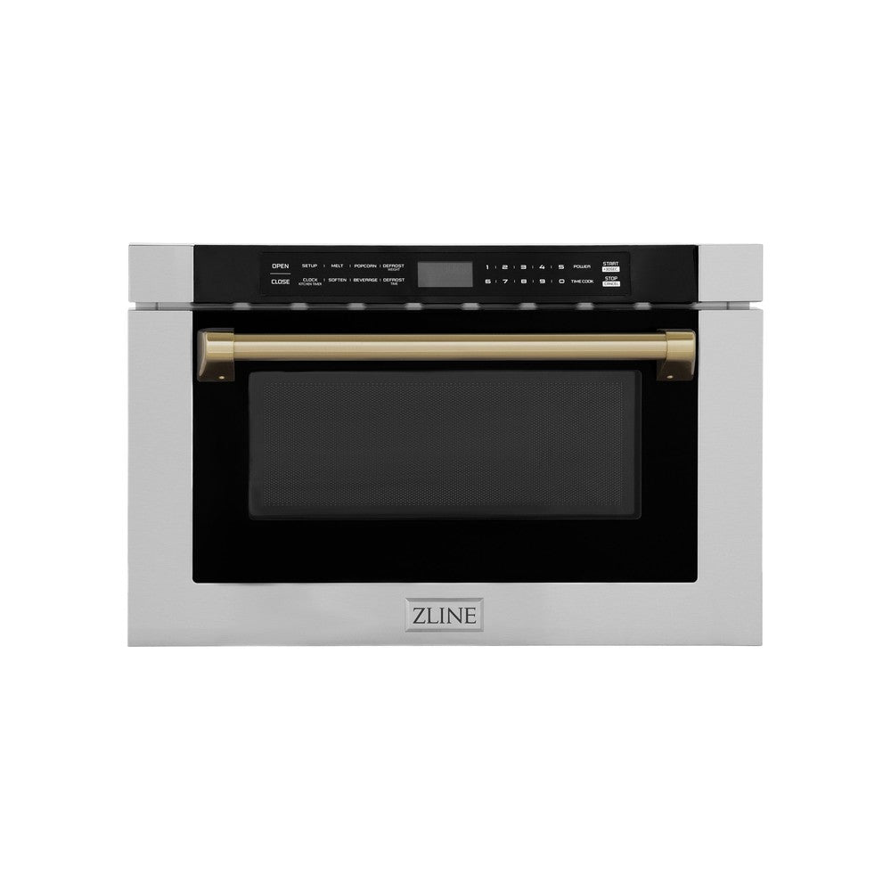 ZLINE Autograph Edition 24 Inch Built-In Microwave Drawer - 1.2 cu.ft Stainless Steel with Champagne Bronze Accents - Traditional Handle Design - Perfect for Modern Kitchens & Luxury Homes (MWDZ 1 H CB)
