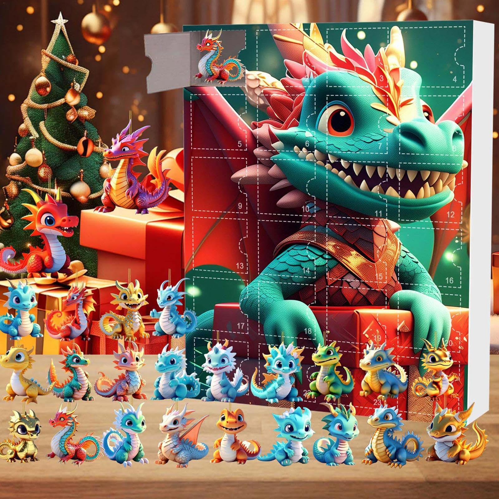 Dinosaur Pendant Advent Calendar - 24 Days Christmas Countdown Calendar with Dragon Pendants | Festive Holiday Decor for Kids, Christmas Tree Ornaments & Unique Gift Idea for Dinosaur Lovers