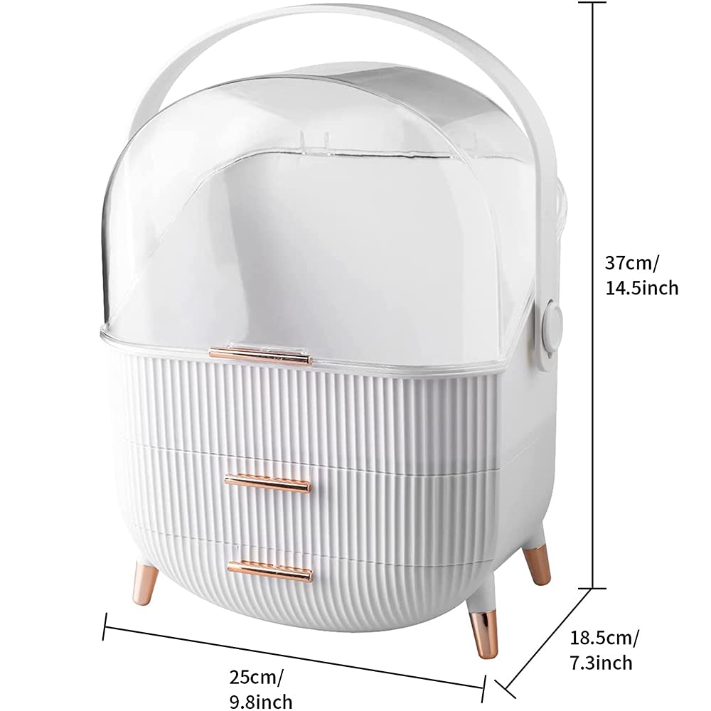 Portable Makeup Organizer with Dust-Free Cover & Waterproof Lid - Cosmetic Storage Box with Handle, Dust-Proof Drawers - Perfect for Bathroom, Dresser, Vanity & Travel (White)