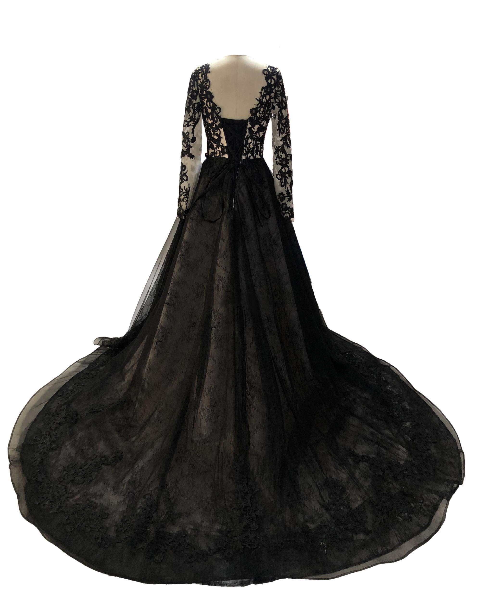 Emanni Women's Vintage Black Wedding Dress with Illusion Bodice - Elegant Lace Bridal Gown for Romantic Weddings, Evening Galas & Formal Events