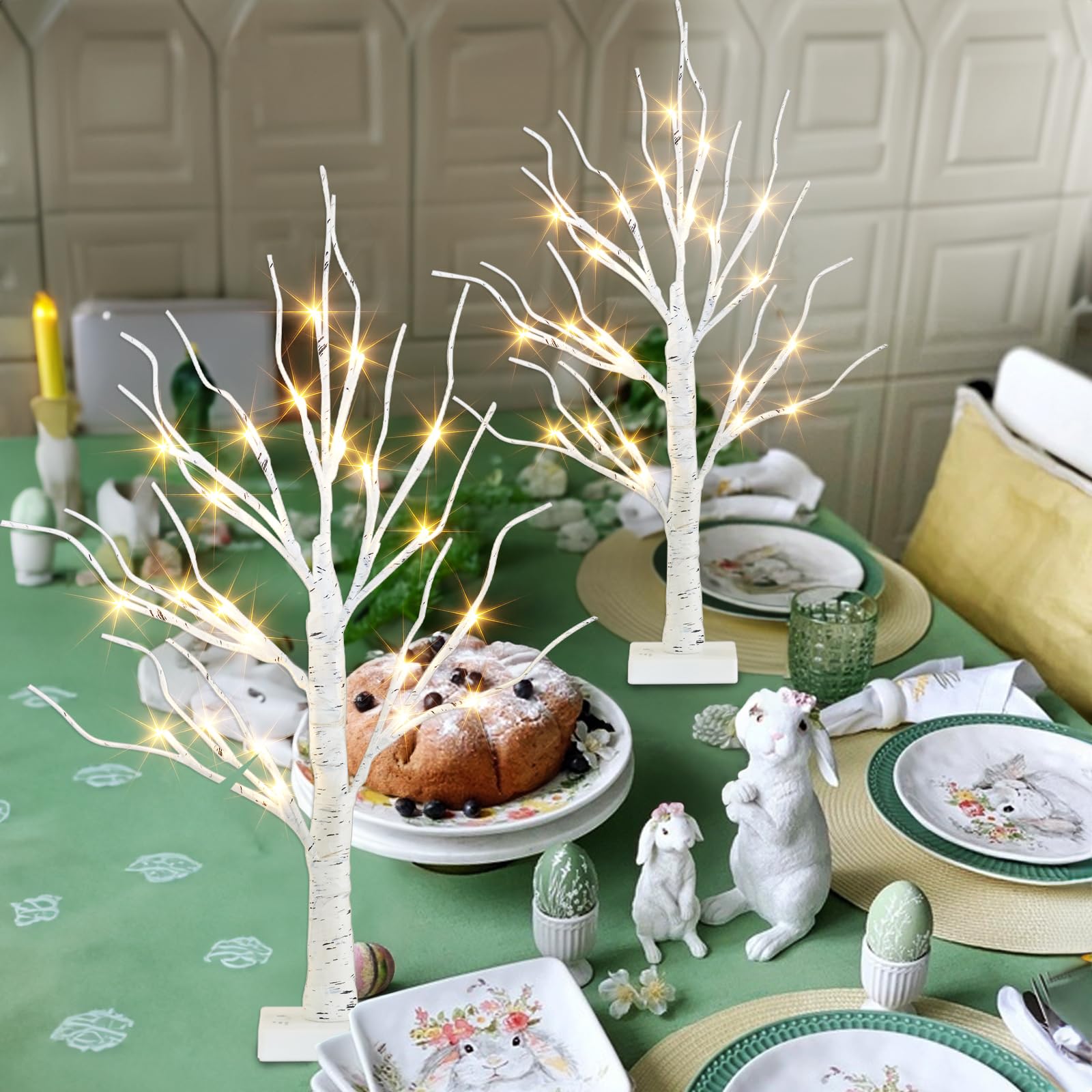 PEIDUO 2FT Birch Tree with LED Lights - Warm White Light Up Easter Tree Lamp for Home Decor, Battery Powered with Timer (2 Pack) - Perfect for Easter Table Centerpiece, Indoor Holiday Decorations & Cozy Ambiance
