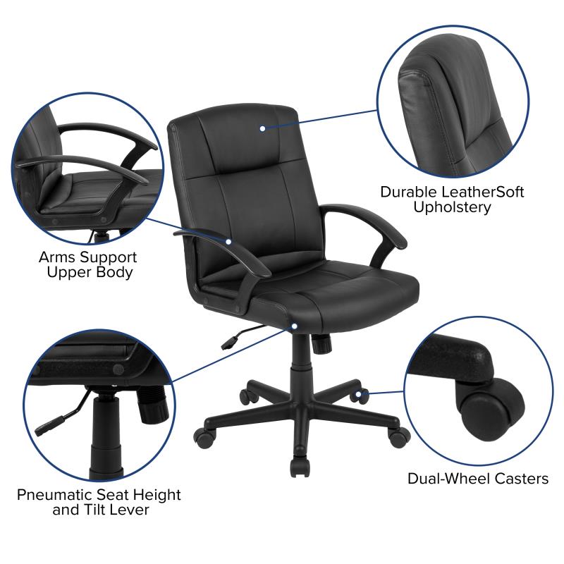 FLASH Coffman Mid Back Black Leather Office Chair with Adjustable Arms - BIFMA Certified Ergonomic Task Chair for Home & Office Workspace