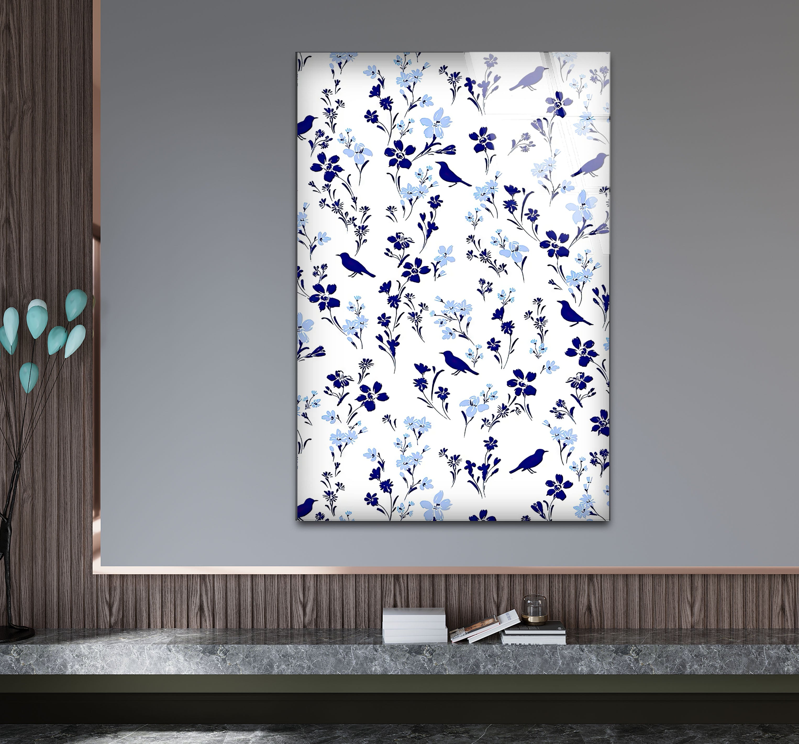 Blue Bird and Wildflower Wall Art Print - Elegant Floral Glass Decor for Nature Lovers | Perfect for Living Room, Bedroom & Office Decor