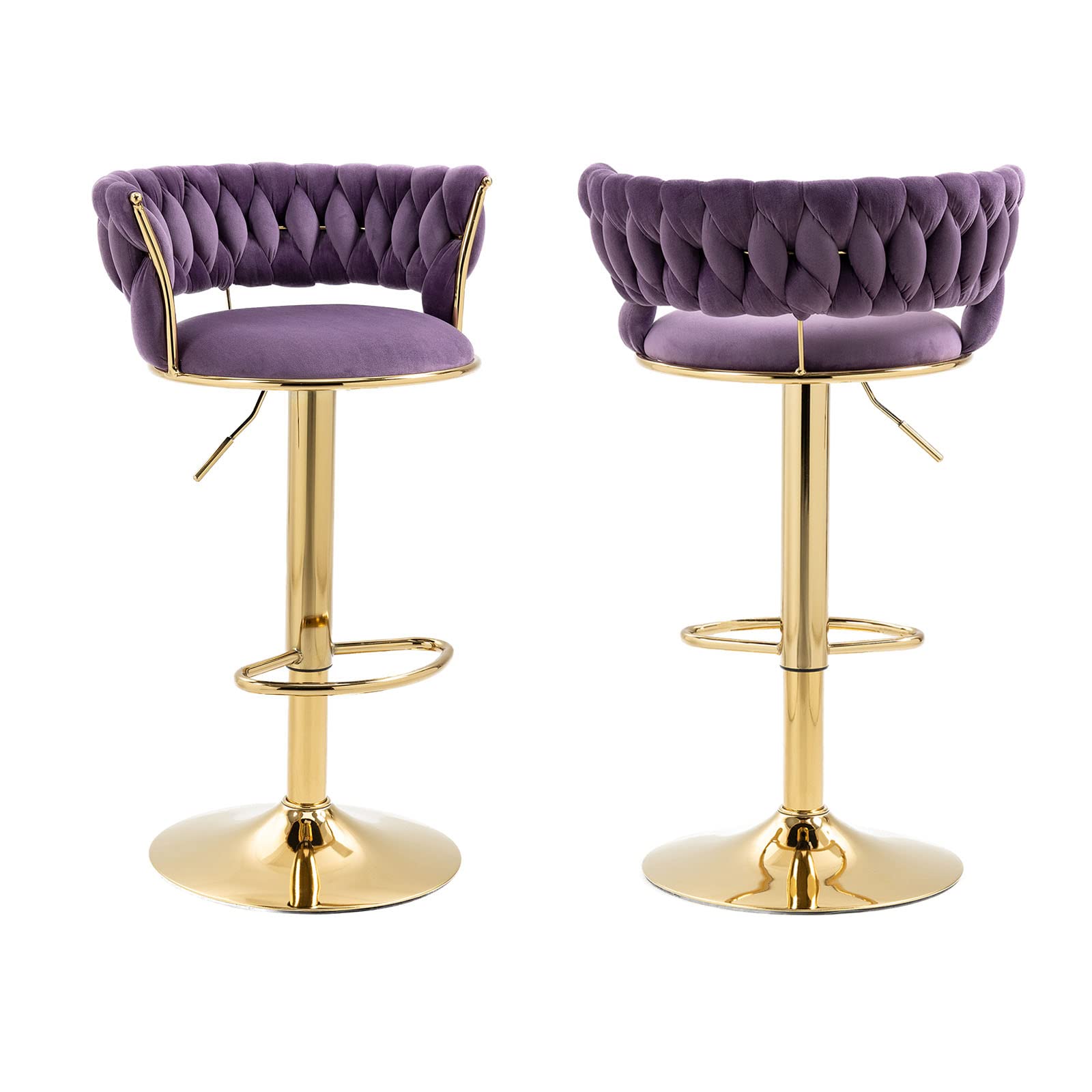 RXR Velvet Bar Stools Set of 2 - Adjustable Height 360° Swivel Stools with Golden Footrest for Kitchen, Pub & Café (Purple) | Perfect for Entertaining, Dining & Small Spaces