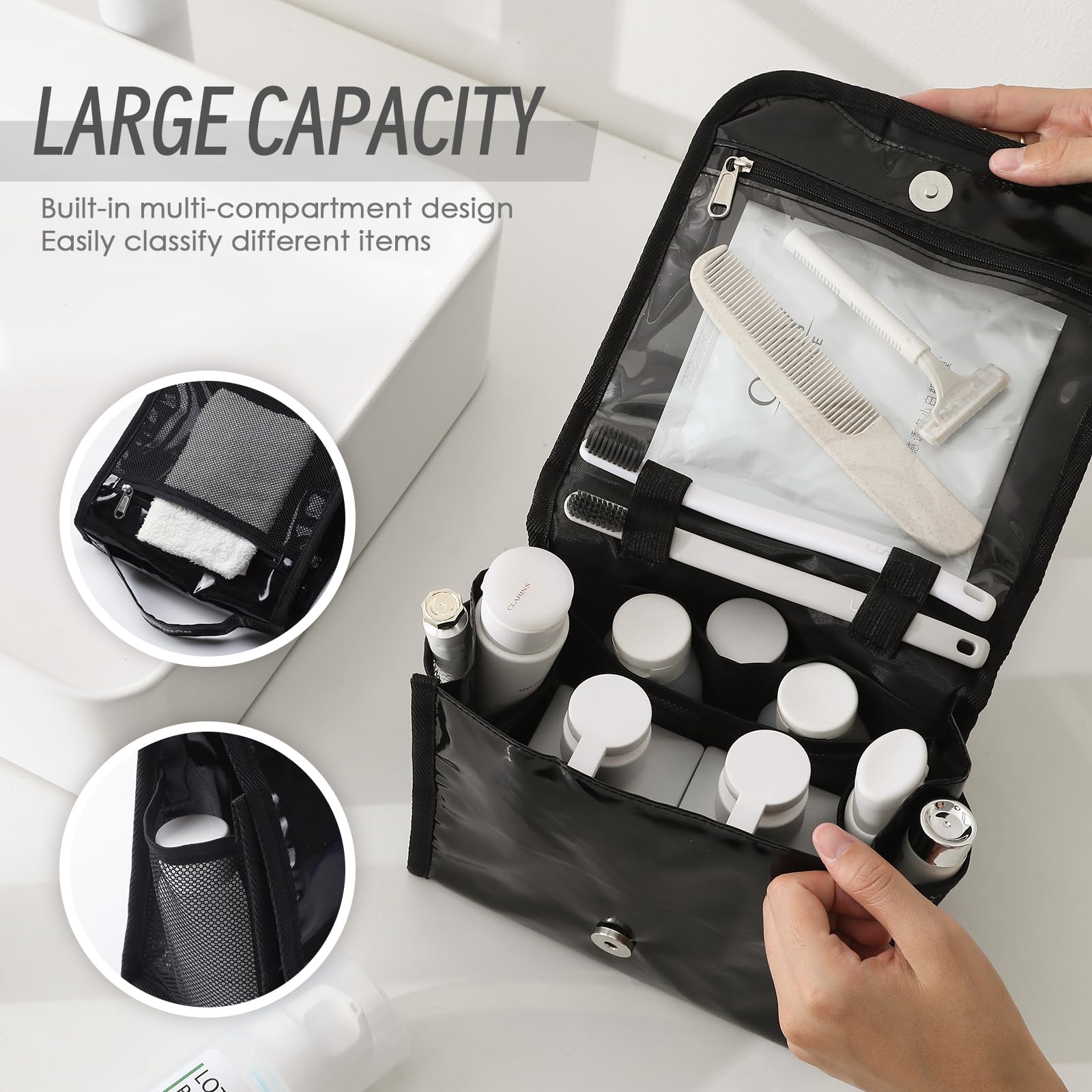 Waterproof Hanging Toiletry Bag for Women - Large Travel Cosmetic Organizer with Handle for Makeup & Toiletries | Portable Shower Caddy for Bathroom, Gym, Camping (Black)