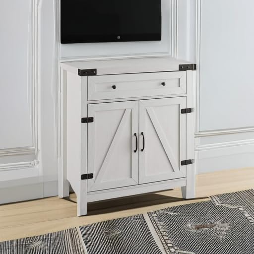 Walker Edison Farmhouse Double Barn Door Kitchen Storage Cabinet with Drawer, 30 Inch, Brushed White - Perfect for Pantry Organization & Rustic Home Decor