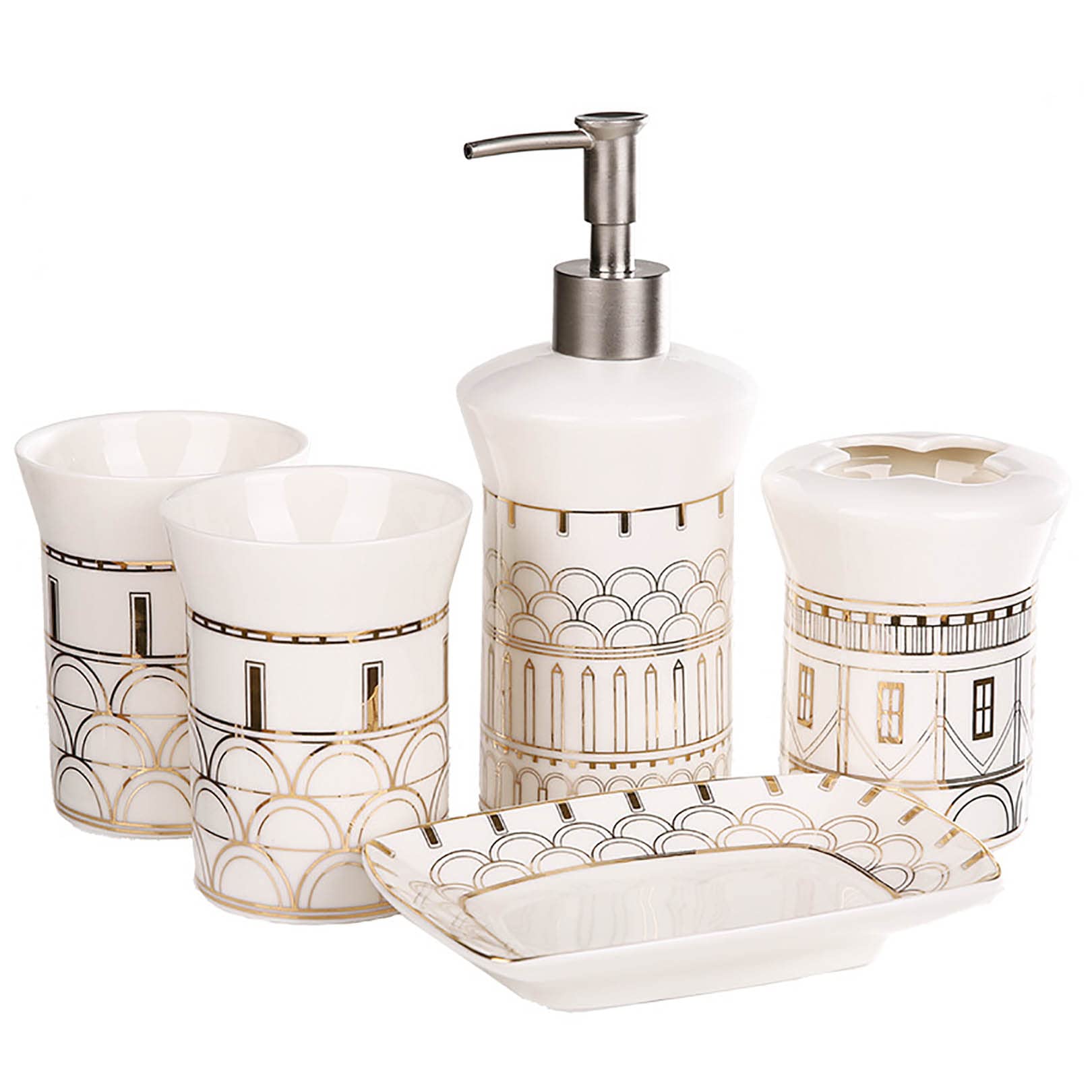 ZHINTE 5-Piece Bathroom Accessory Set - Farmhouse Style Vanity Organizer with Soap Dispenser, Toothbrush Holder & More | Perfect for Bathroom Countertop Decor & Housewarming Gifts