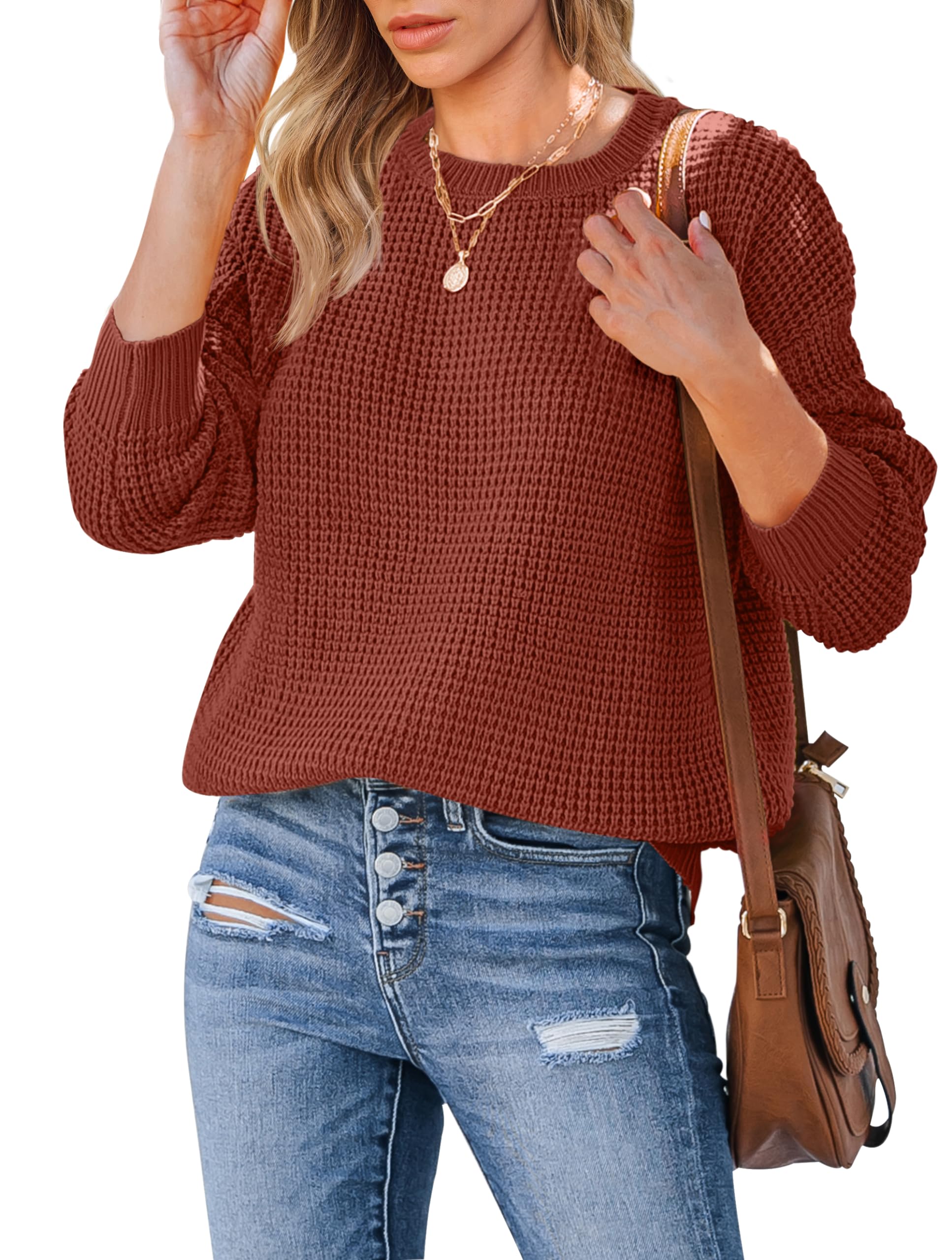 MEROKEETY Women's 2024 Long Sleeve Waffle Knit Sweater - Crew Neck Solid Color Pullover Jumper Tops for Fall & Winter | Casual Office Wear, Coffee Dates, Weekend Outfits