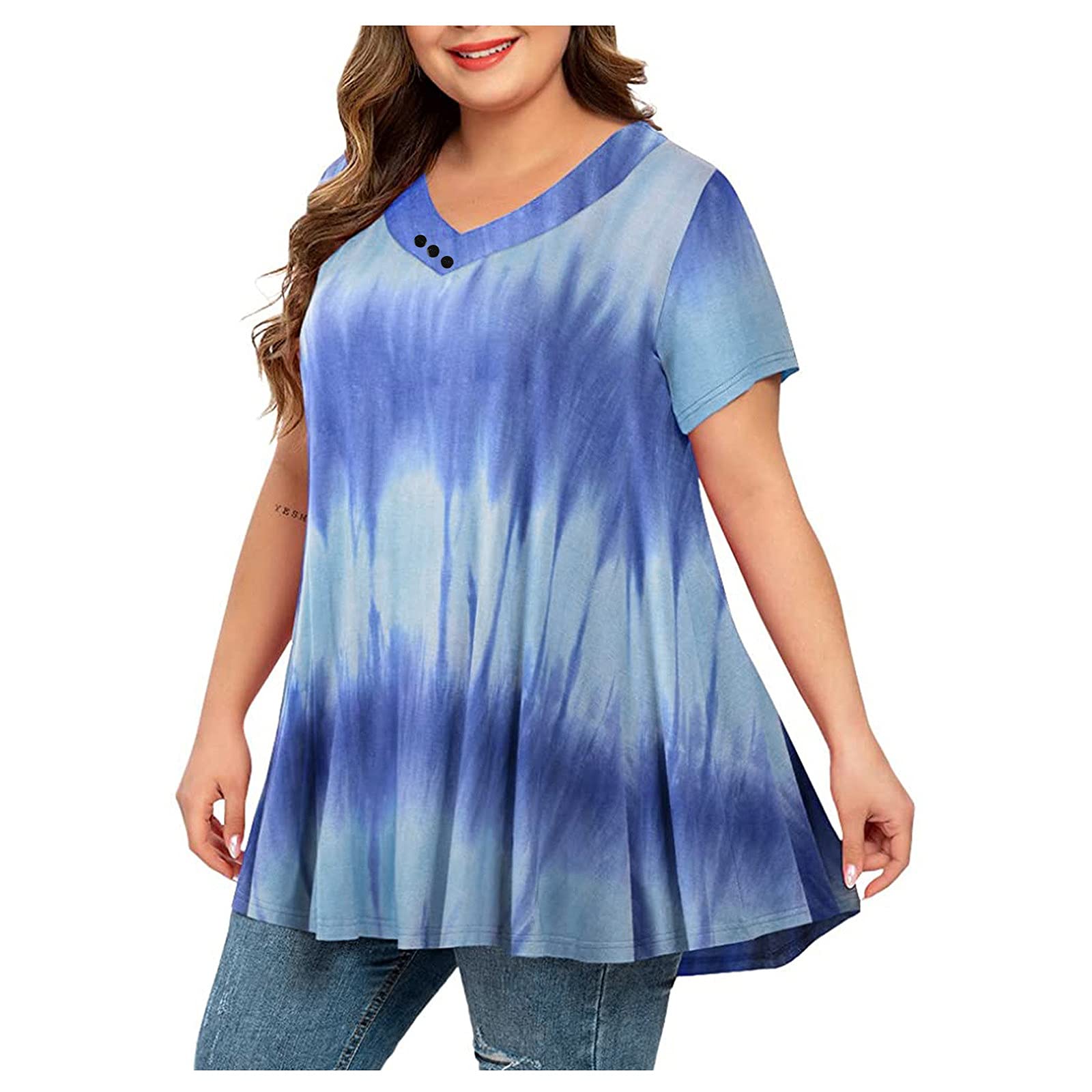 Women's Plus Size Summer T-Shirt - Short Sleeve Tie-Dye V-Neck Blouse with Pleated Hem & Flowy Fit | Casual Wear, Beach Outfits, Vacation Essentials