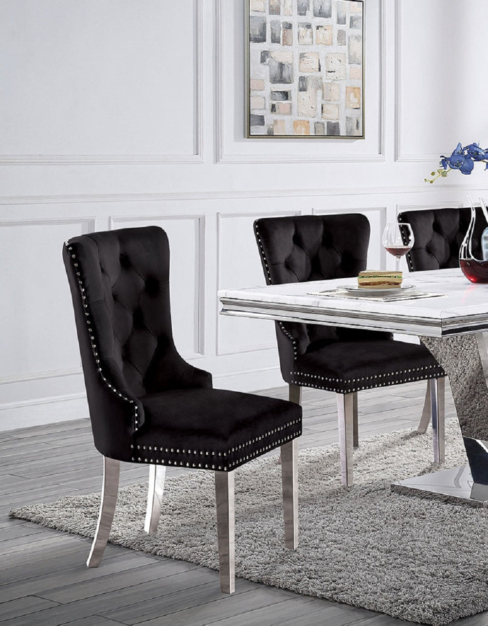 Modern Black Flannel 2-Piece Side Chairs Set - Button Tufted Upholstered Dining Chairs with Wingback Design for Living Room, Dining Room & Home Office